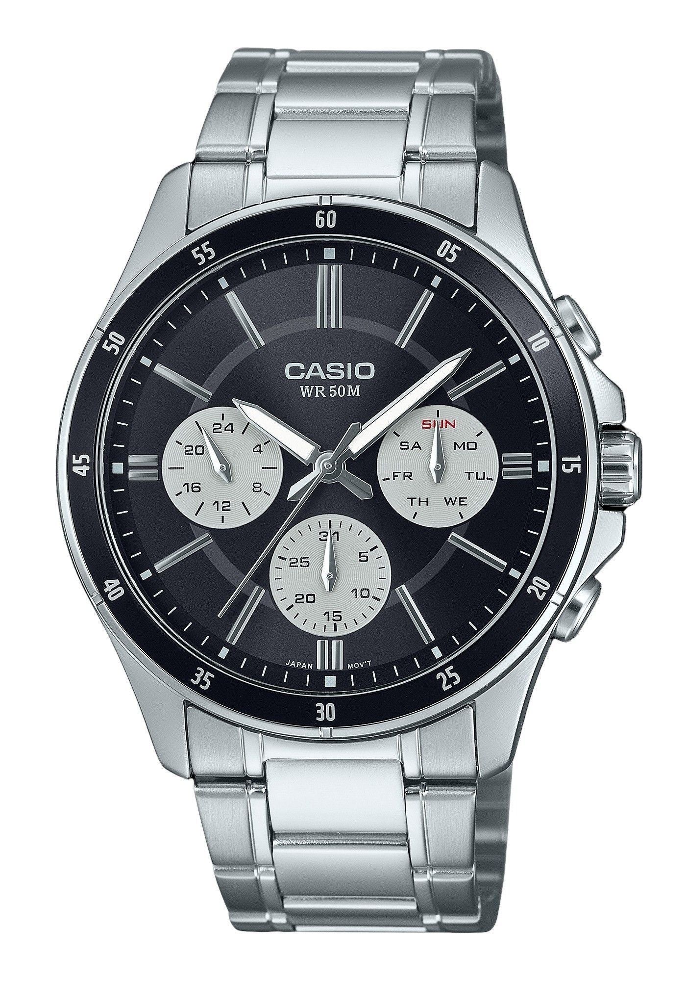 Casio Standard Analog Ion Plated Stainless Steel Black Dial. A brand-new Casio Standard watch featuring a Black dial and a Stainless steel strap. Angled view.
