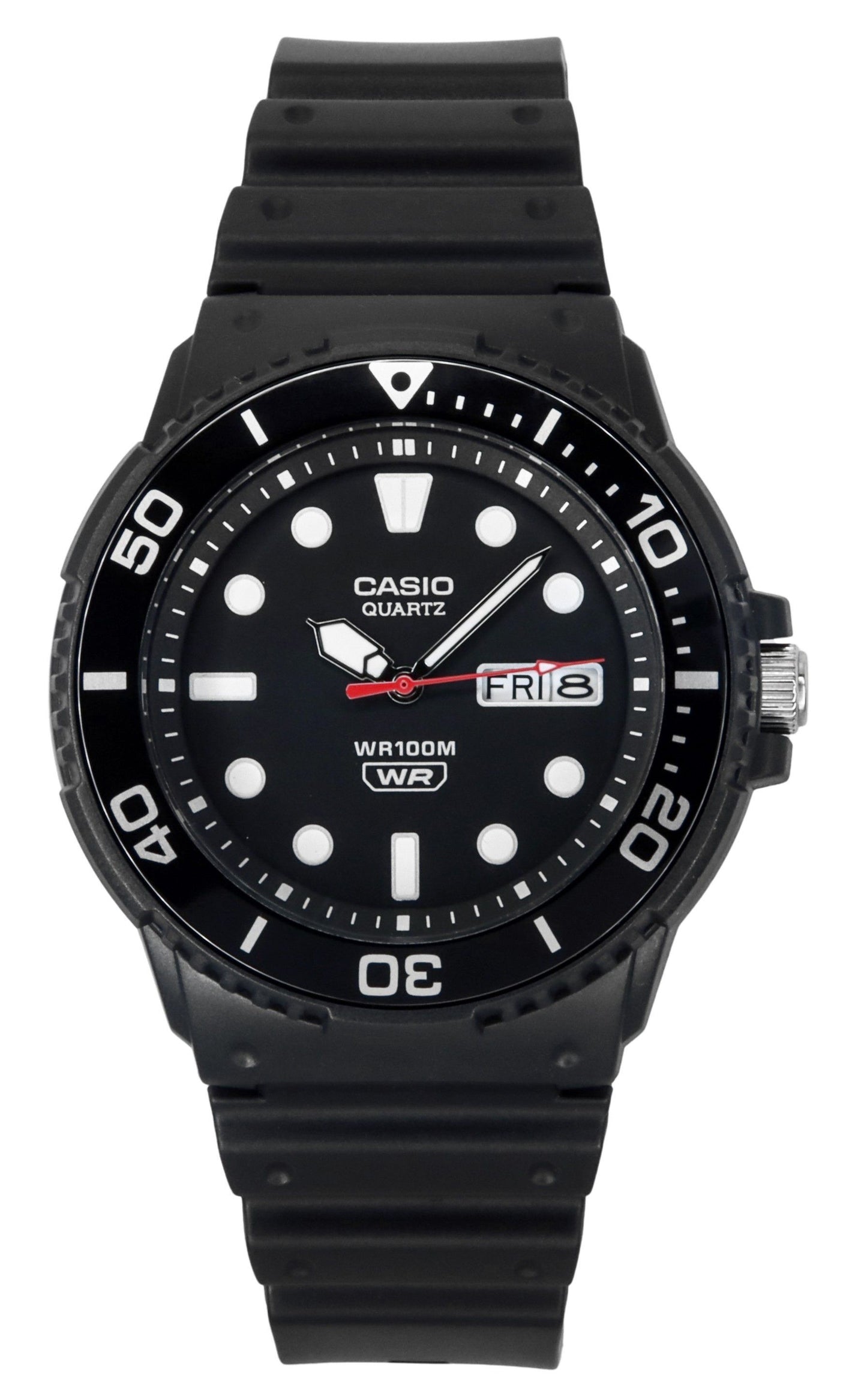 Casio Standard Analog Resin Strap Black Dial Quartz 100M. A brand-new Casio Standard watch featuring a Black dial. Angled view.
