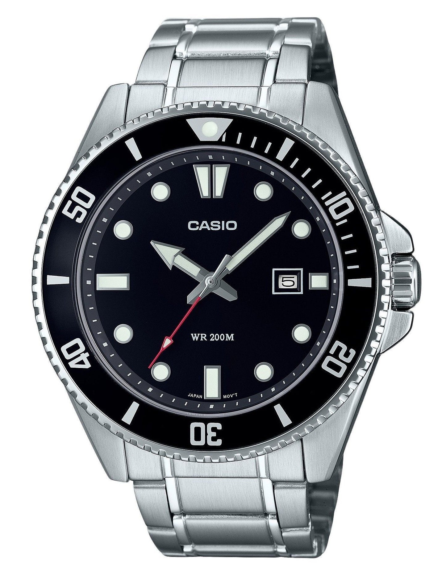 Casio Standard Analog Stainless Steel Black Dial Quartz 200M. A brand-new Casio Standard watch featuring a Black dial and a Stainless steel strap. Front view.