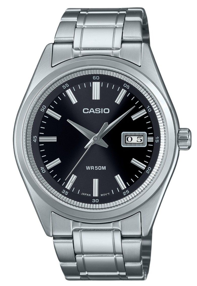 Casio Standard Analog Stainless Steel Black Dial Quartz. A brand-new Casio Standard watch featuring a Black dial and a Stainless steel strap. Side view.