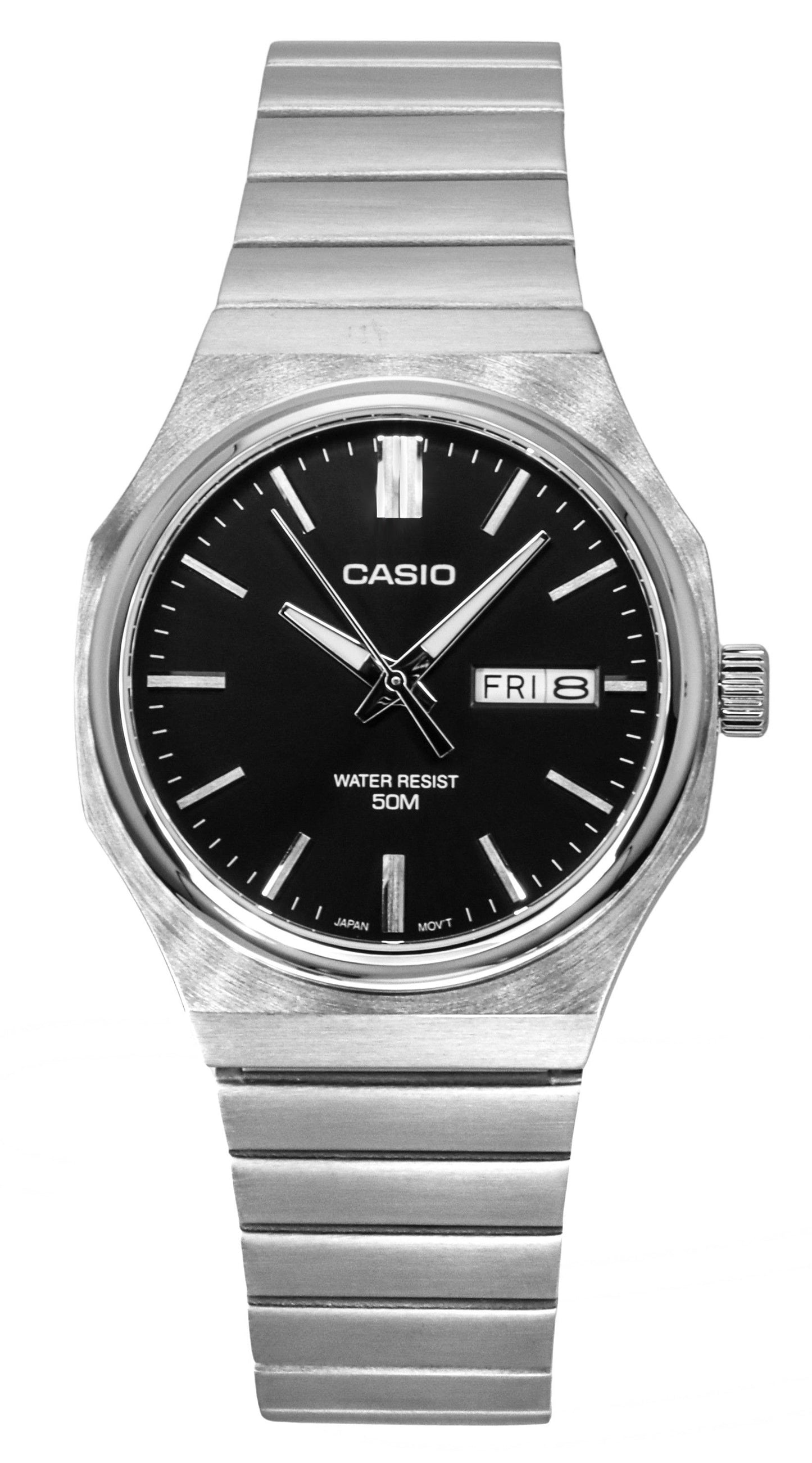 Casio Standard Analog Stainless Steel Black Dial Quartz. A brand-new Casio Standard watch featuring a Black dial and a Stainless steel strap. Side view.