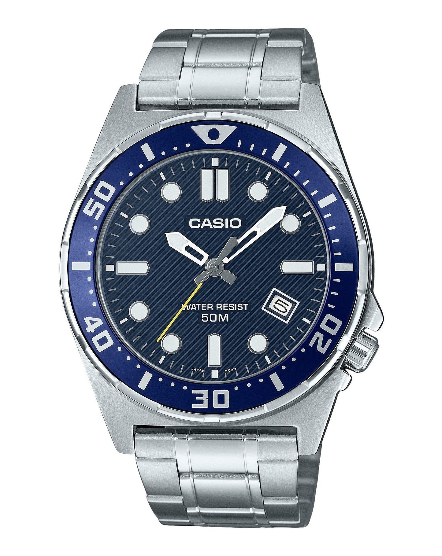 Casio Standard Analog Stainless Steel Blue Dial Quartz. A brand-new Casio Standard watch featuring a Blue dial and a Stainless steel strap. Angled view.