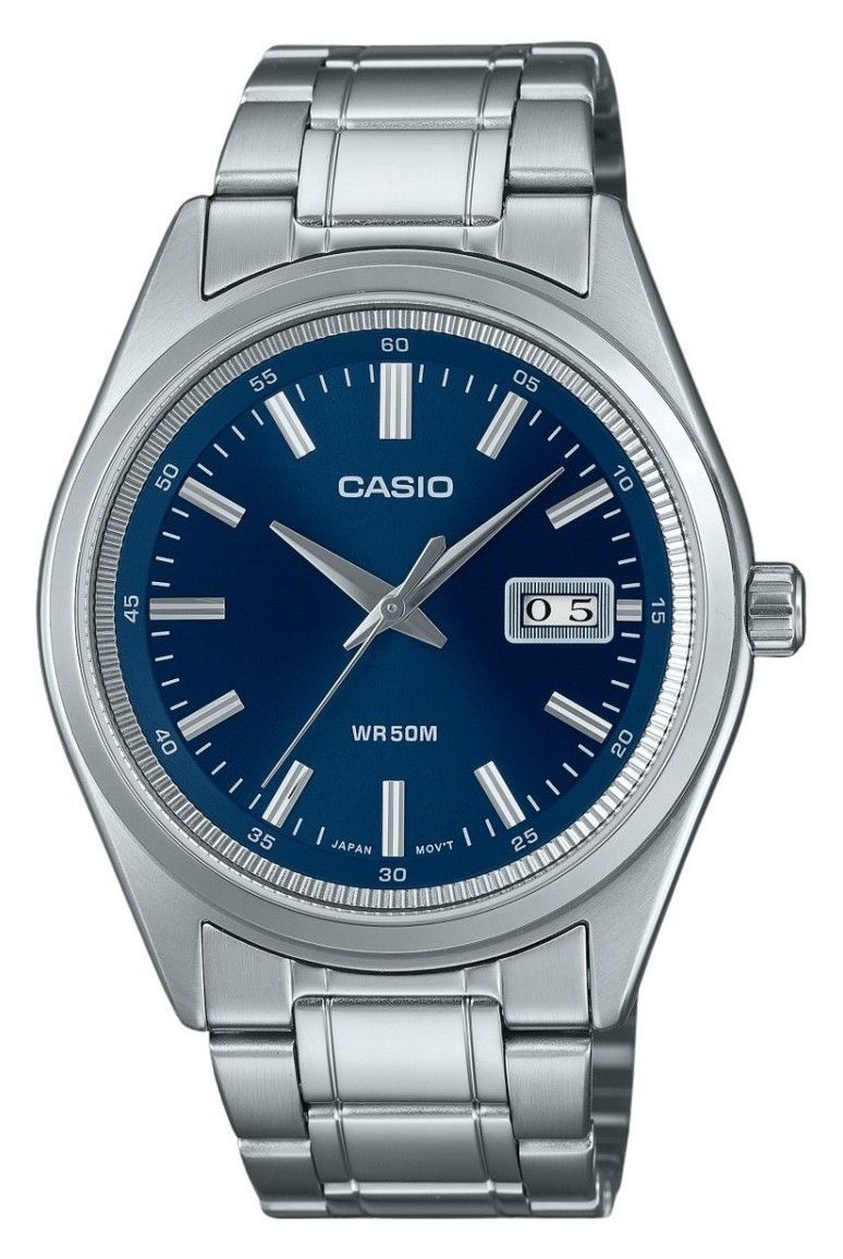 Casio Standard Analog Stainless Steel Blue Dial Quartz. A brand-new Casio Standard watch featuring a Blue dial and a Stainless steel strap. Front view.
