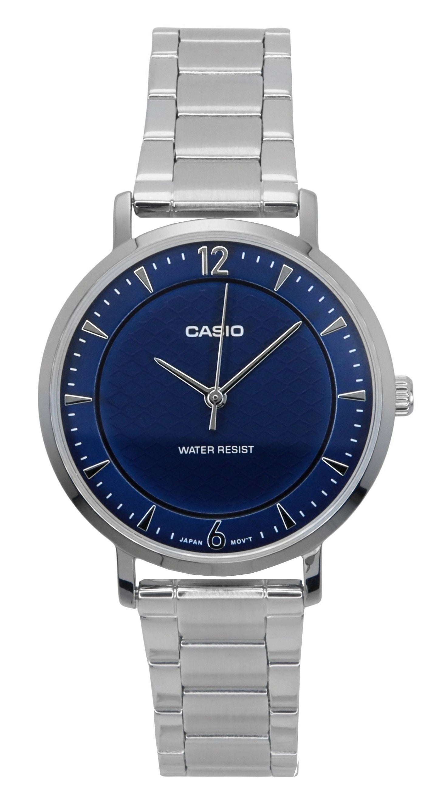 Casio Standard Analog Stainless Steel Blue Dial Quartz Wo. A brand-new Casio Standard watch featuring a Blue dial and a Stainless steel strap. Angled view.