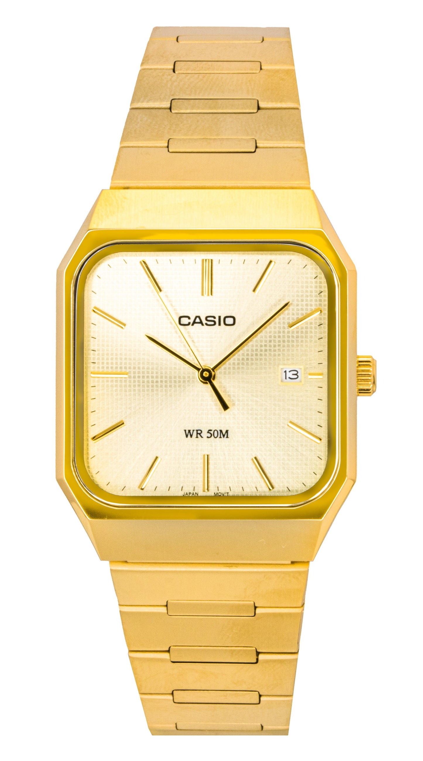 Casio Standard Analog Stainless Steel Gold Dial Quartz. A brand-new Casio Standard watch featuring a Gold dial and a Stainless steel strap. Side view.