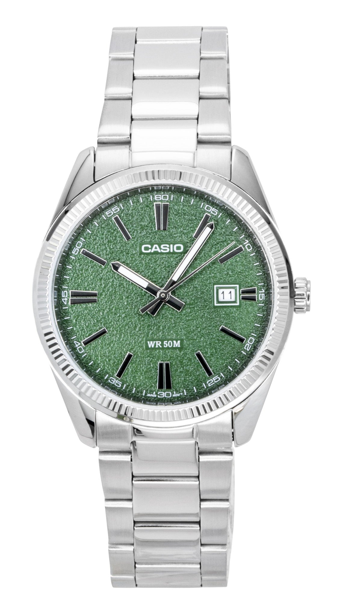 Casio Standard Analog Stainless Steel Green Dial Quartz. A brand-new Casio Standard watch featuring a Green dial and a Stainless steel strap. Side view.
