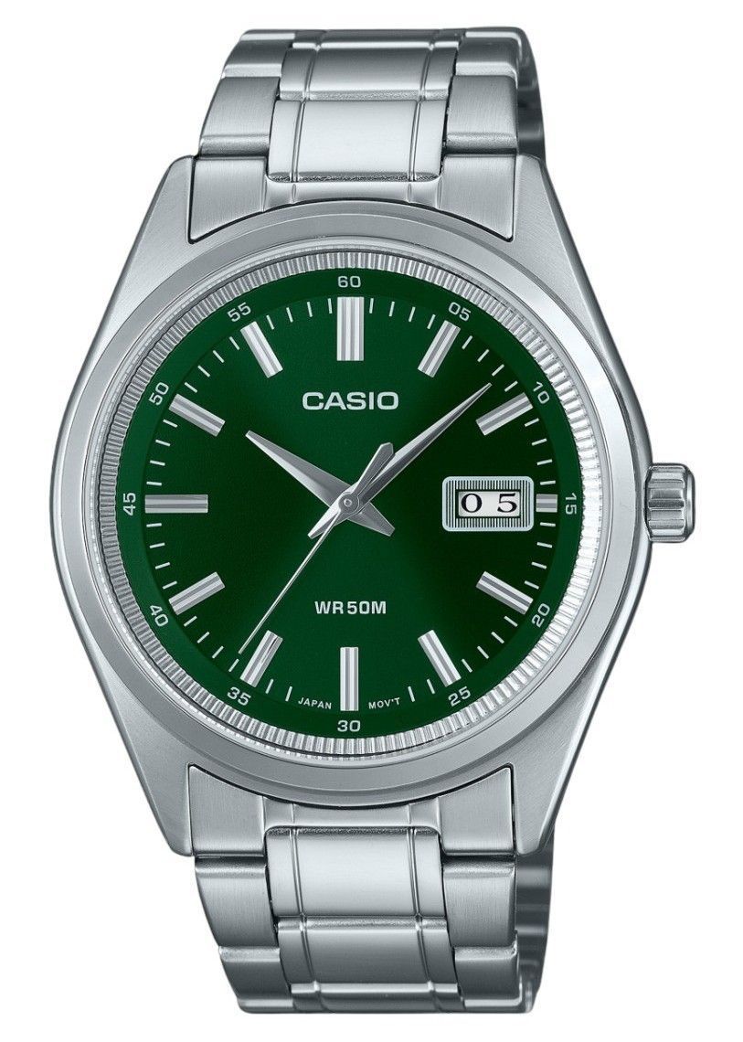 Casio Standard Analog Stainless Steel Green Dial Quartz. A brand-new Casio Standard watch featuring a Green dial and a Stainless steel strap. Front view.