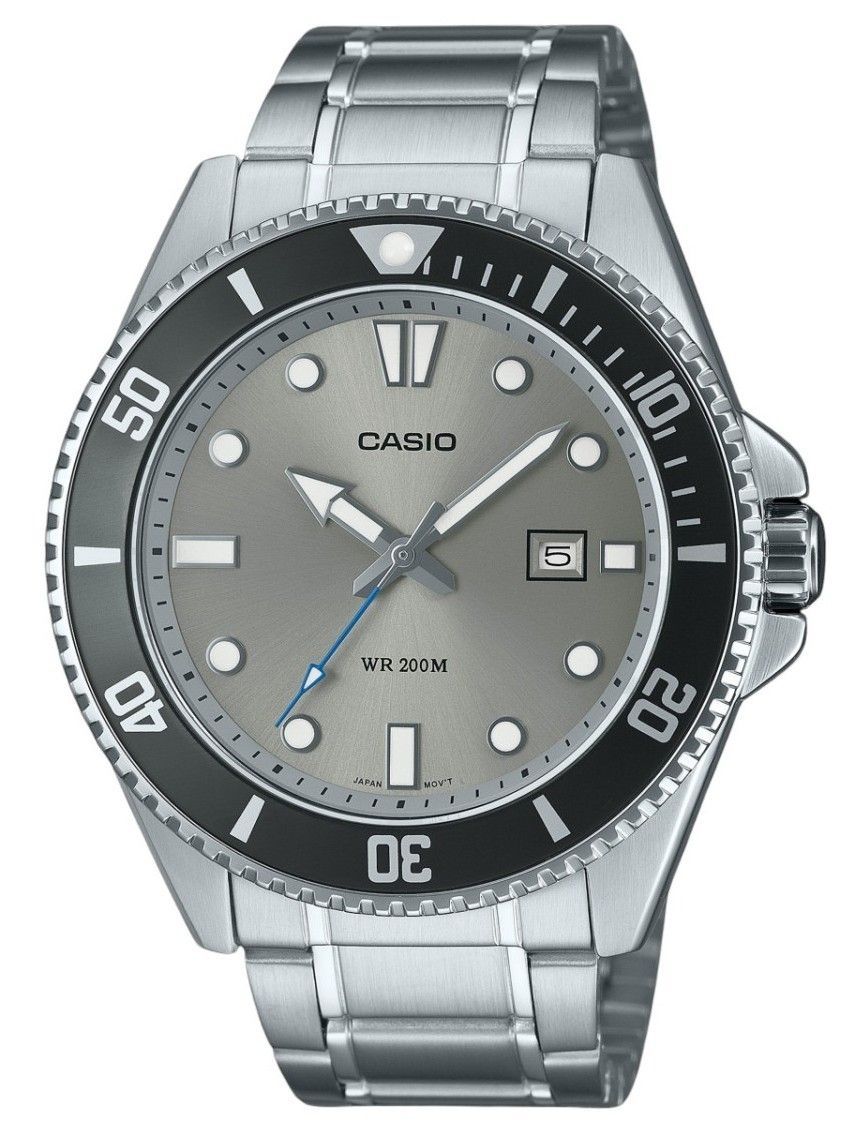Casio Standard Analog Stainless Steel Grey Dial Quartz 200M. A brand-new Casio Standard watch featuring a Grey dial and a Stainless steel strap. Side view.