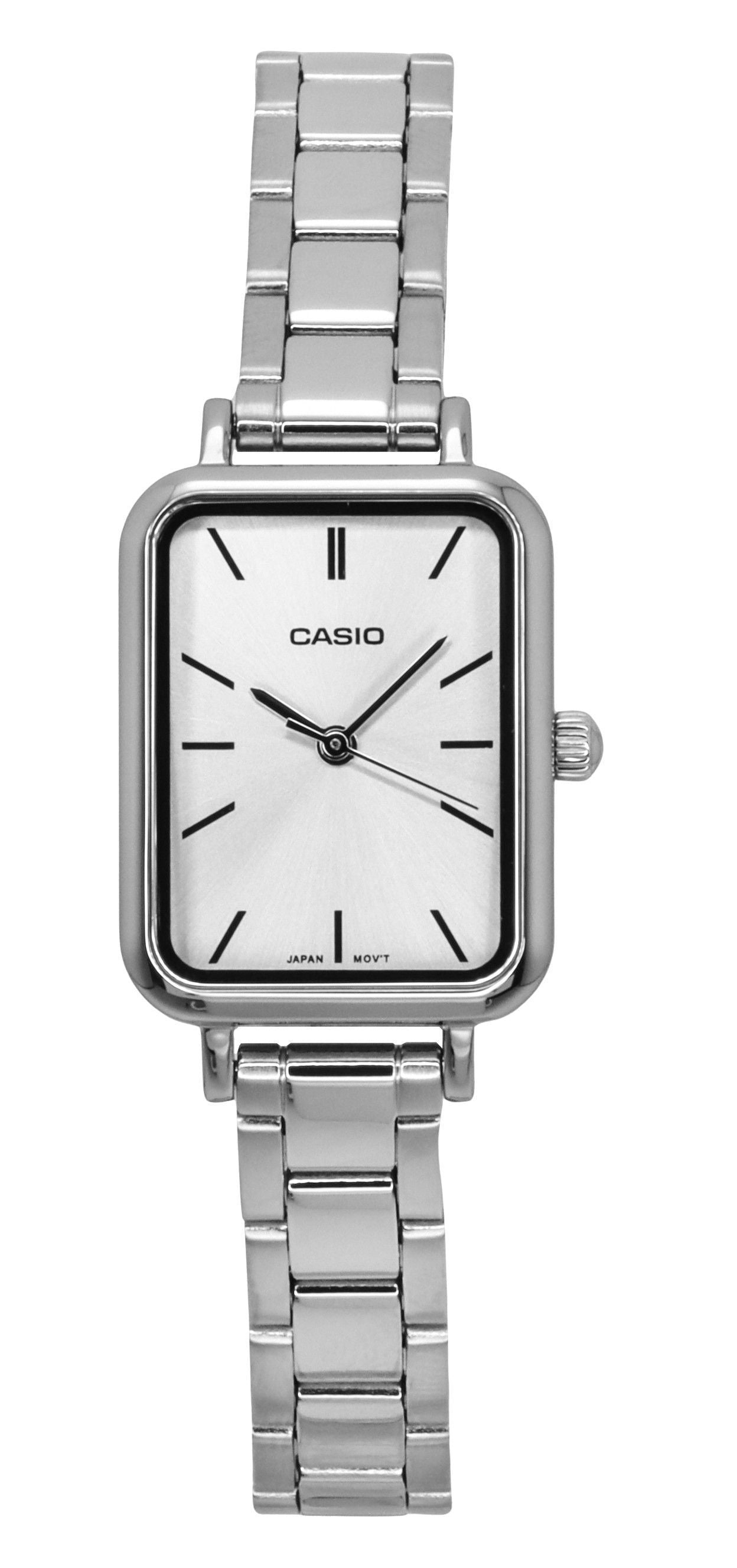 Casio Standard Analog Stainless Steel Light Blue Dial. A brand-new Casio Standard watch featuring a Blue dial and a Stainless steel strap. Angled view.