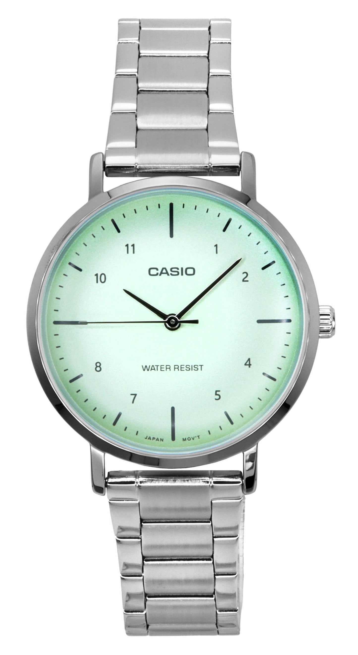 Casio Standard Analog Stainless Steel Mint Green Dial. A brand-new Casio Standard watch featuring a Green dial and a Stainless steel strap. Angled view.