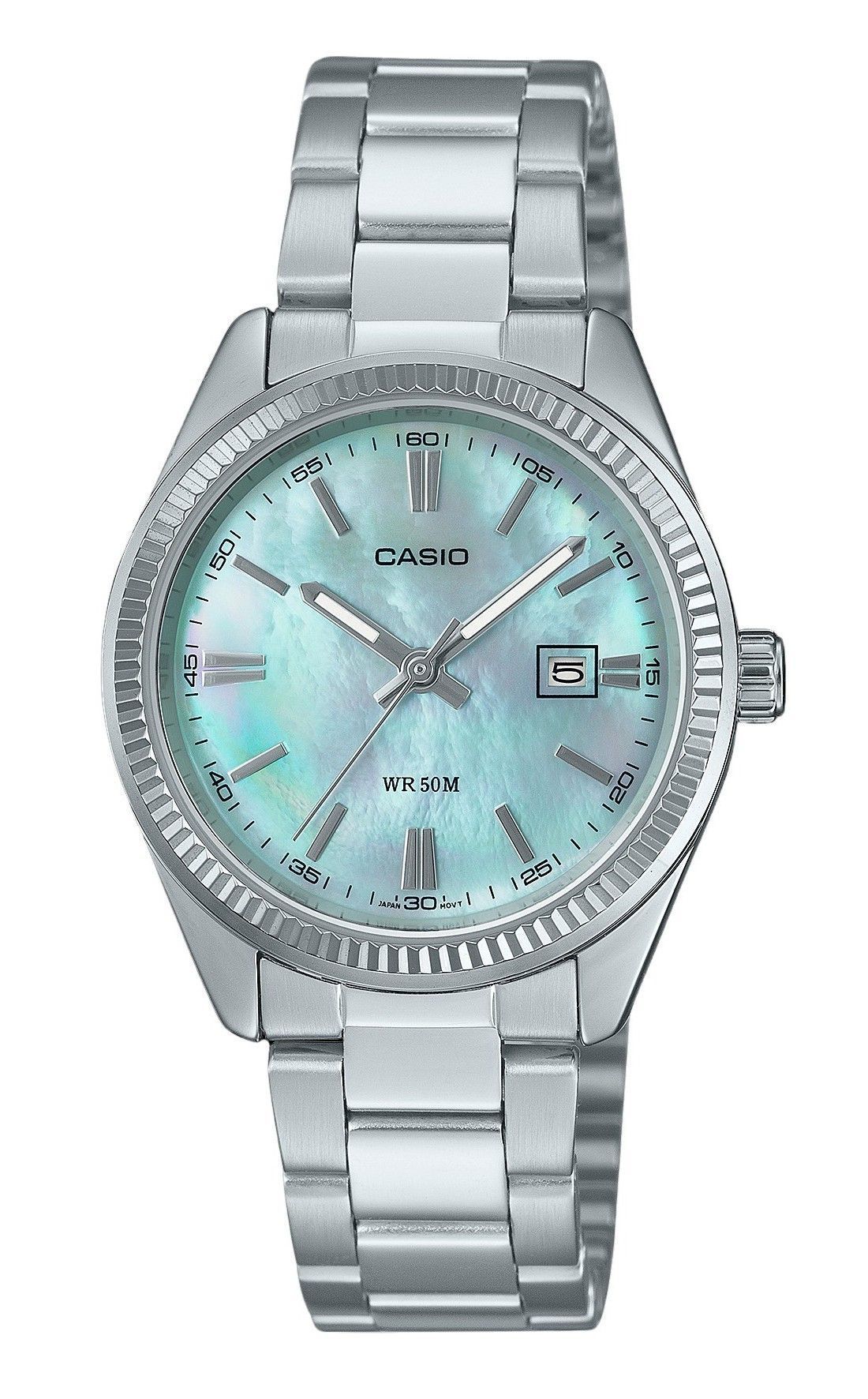 Casio Standard Analog Stainless Steel Mother Of Pearl Dial. A brand-new Casio Standard watch featuring a Mother Of Pearl dial and a Stainless steel strap. Front view.