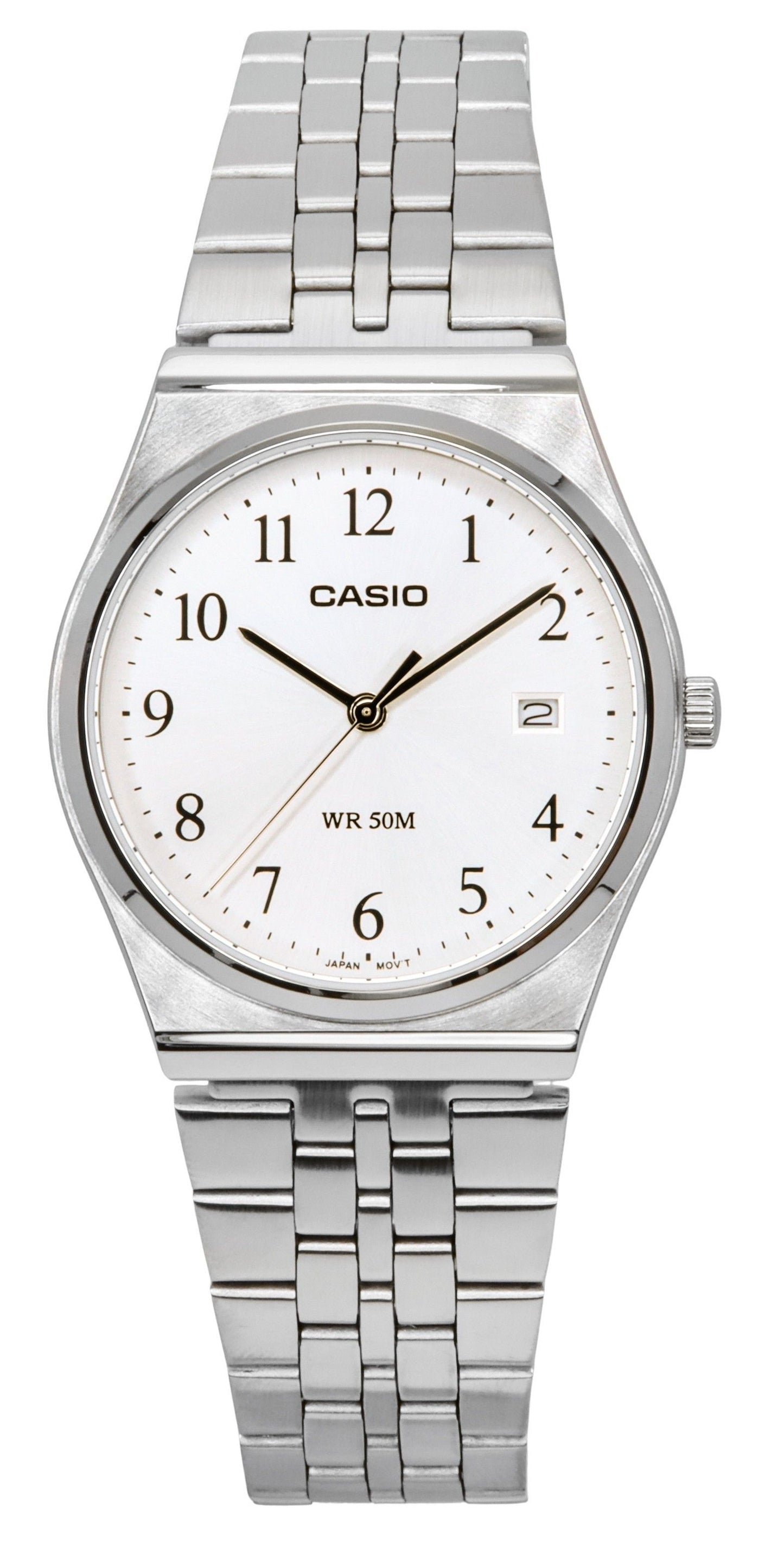 Casio Standard Analog Stainless Steel White Dial Quartz. A brand-new Casio Standard watch featuring a White dial and a Stainless steel strap. Angled view.