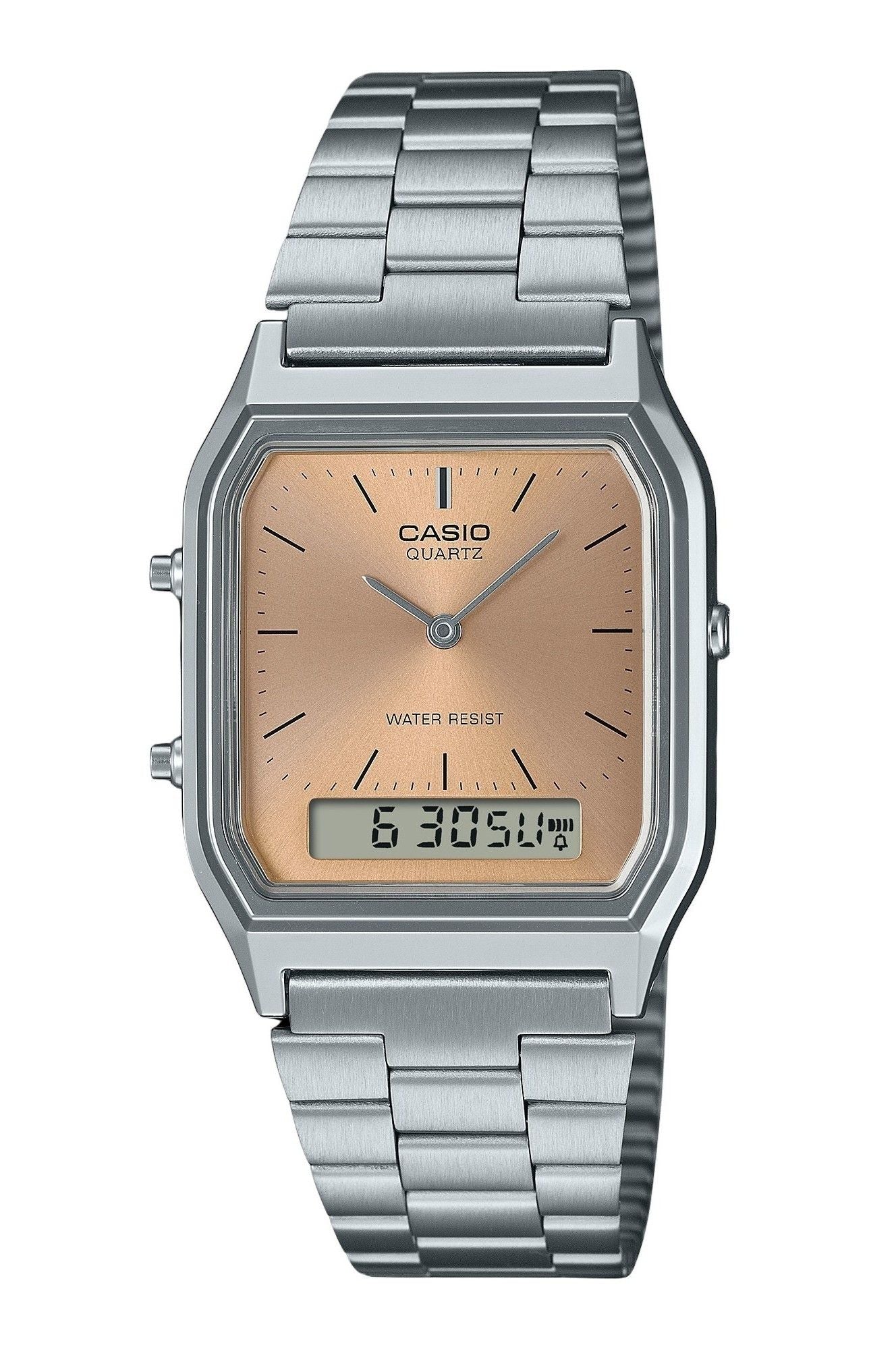 Casio Vintage Analog Digital Light Copper Dial Dual time. A brand-new Casio Vintage watch featuring a Copper dial. Side view.
