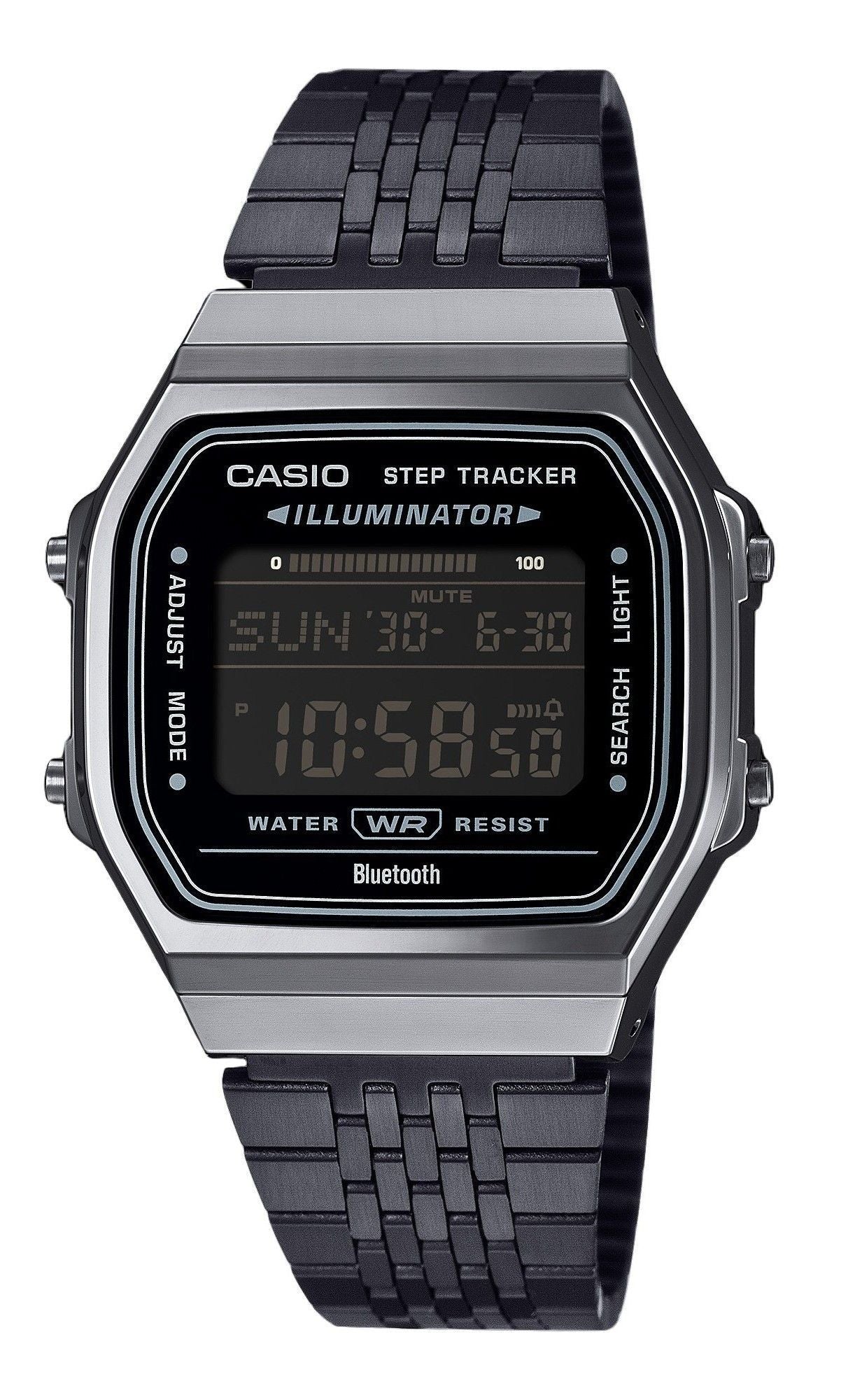 Casio Vintage Digital Smartphone Link Stainless Steel Quartz. A brand-new Casio Vintage watch featuring a Stainless steel strap. Angled view.