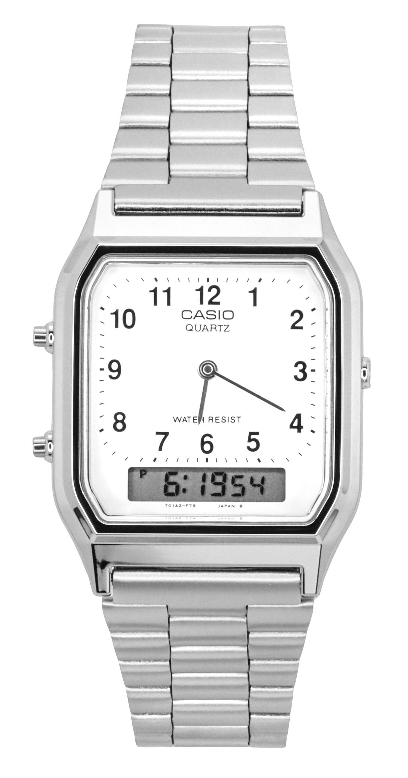 Casio Vintage Dual Time Analog Digital Quartz AQ230A-7BMQ. A brand-new Casio Vintage watch featuring a Stainless steel strap. Angled view.