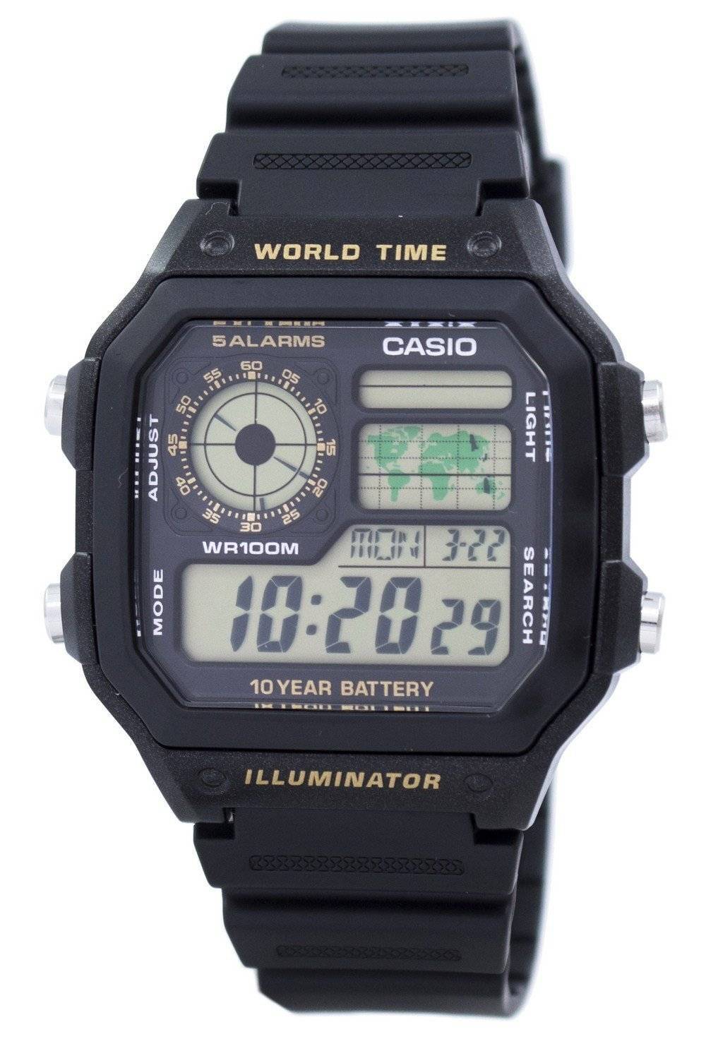 Casio Youth Series Digital World Time AE-1200WH-1BV. A brand-new Casio Youth watch. Front view.