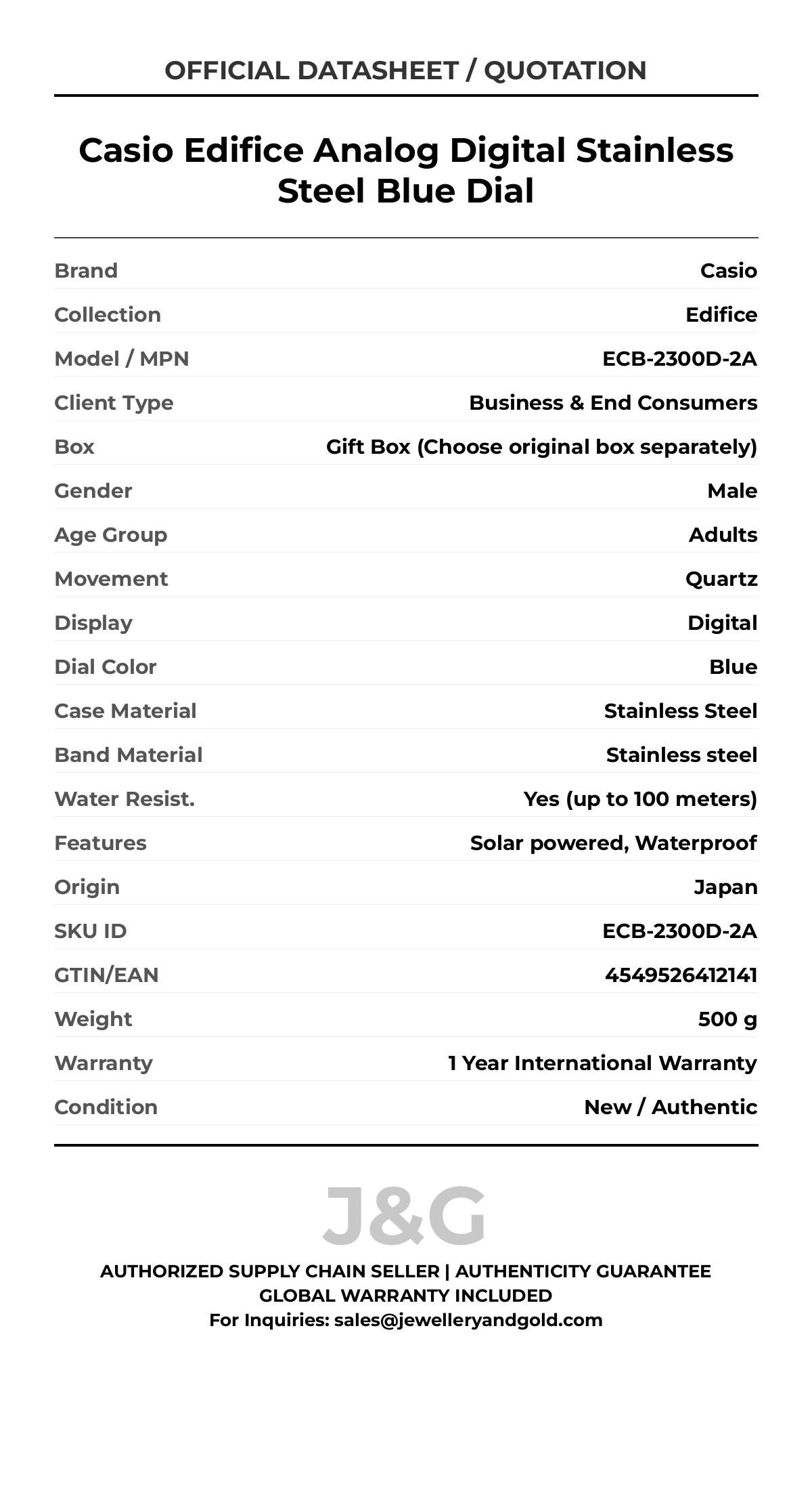 Casio Edifice Analog Digital Stainless Steel Blue Dial. A brand-new Casio Edifice watch featuring a Blue dial and a Stainless steel strap. Side view. - DS_FINAL