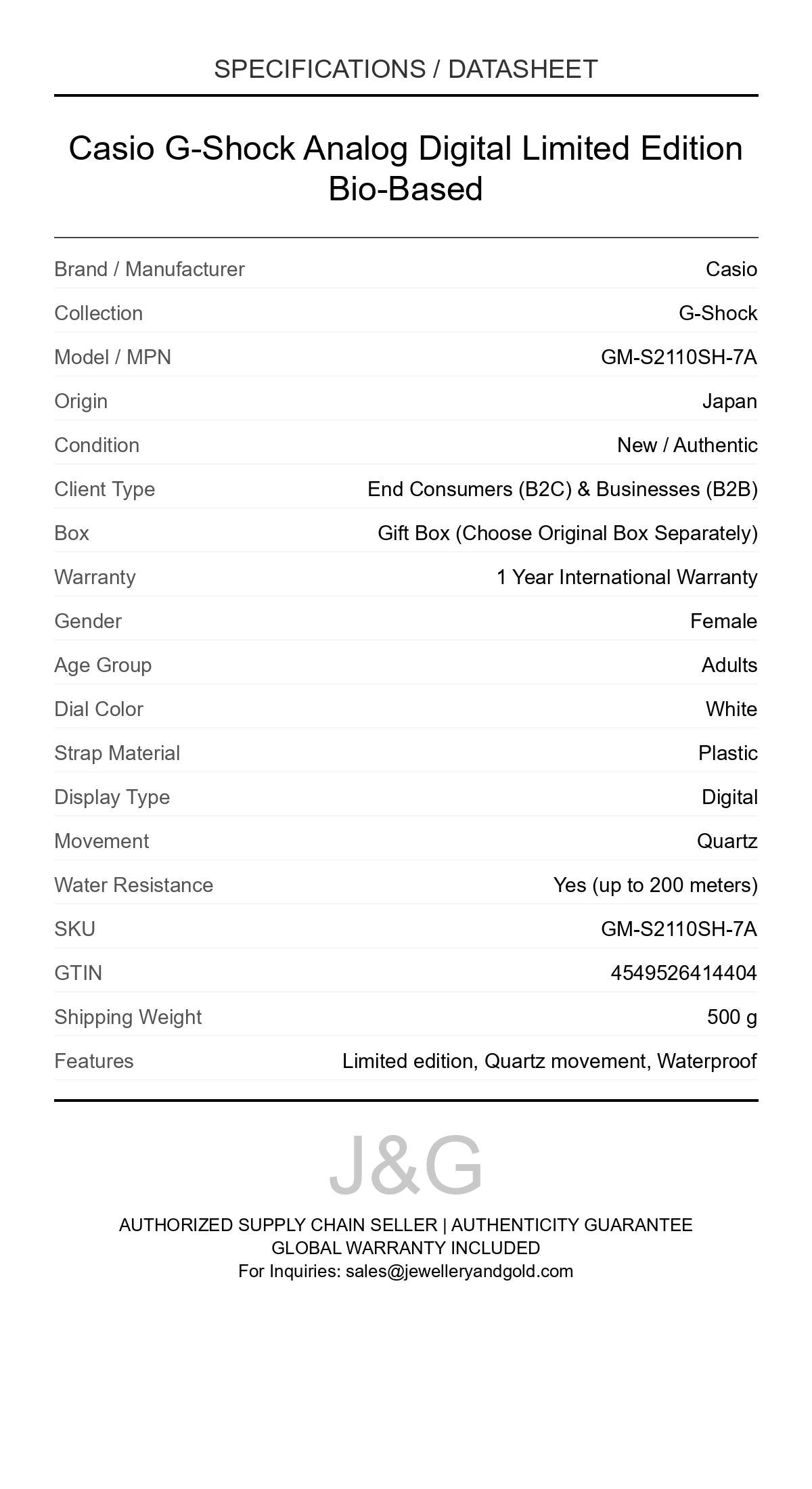 Casio G-Shock Analog Digital Limited Edition Bio-Based. A brand-new Casio G-Shock watch featuring a White dial and a Plastic strap. Side view. - DS_FINAL