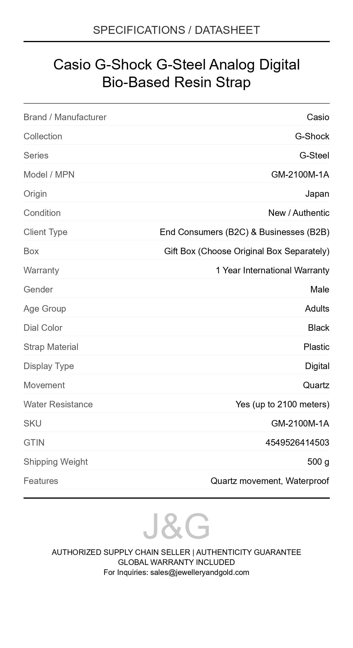 Casio G-Shock G-Steel Analog Digital Bio-Based Resin Strap. A brand-new Casio G-Shock watch featuring a Black dial and a Plastic strap. Front view. - DS_FINAL