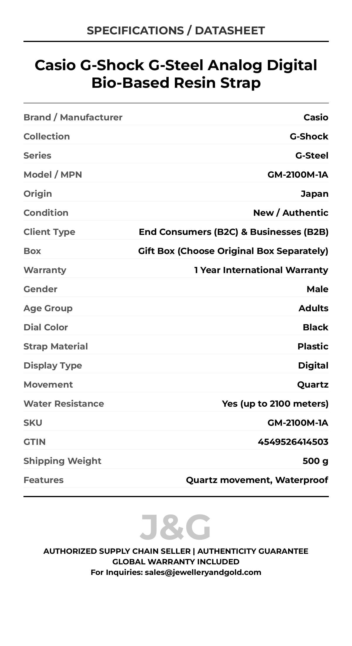 Casio G-Shock G-Steel Analog Digital Bio-Based Resin Strap. A brand-new Casio G-Shock watch featuring a Black dial and a Plastic strap. Side view. - DS_FINAL