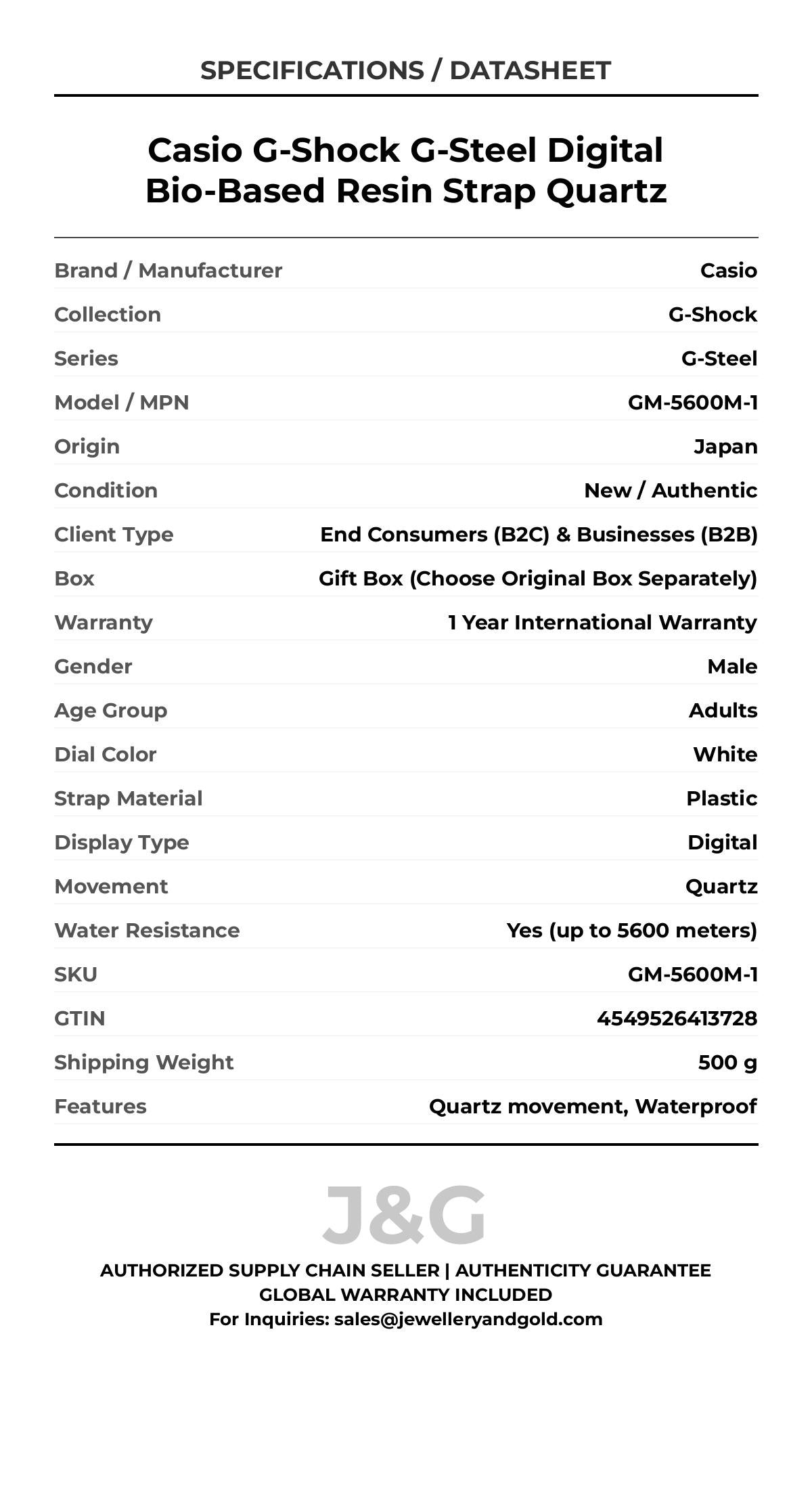 Casio G-Shock G-Steel Digital Bio-Based Resin Strap Quartz. A brand-new Casio G-Shock watch featuring a White dial and a Plastic strap. Side view. - DS_FINAL