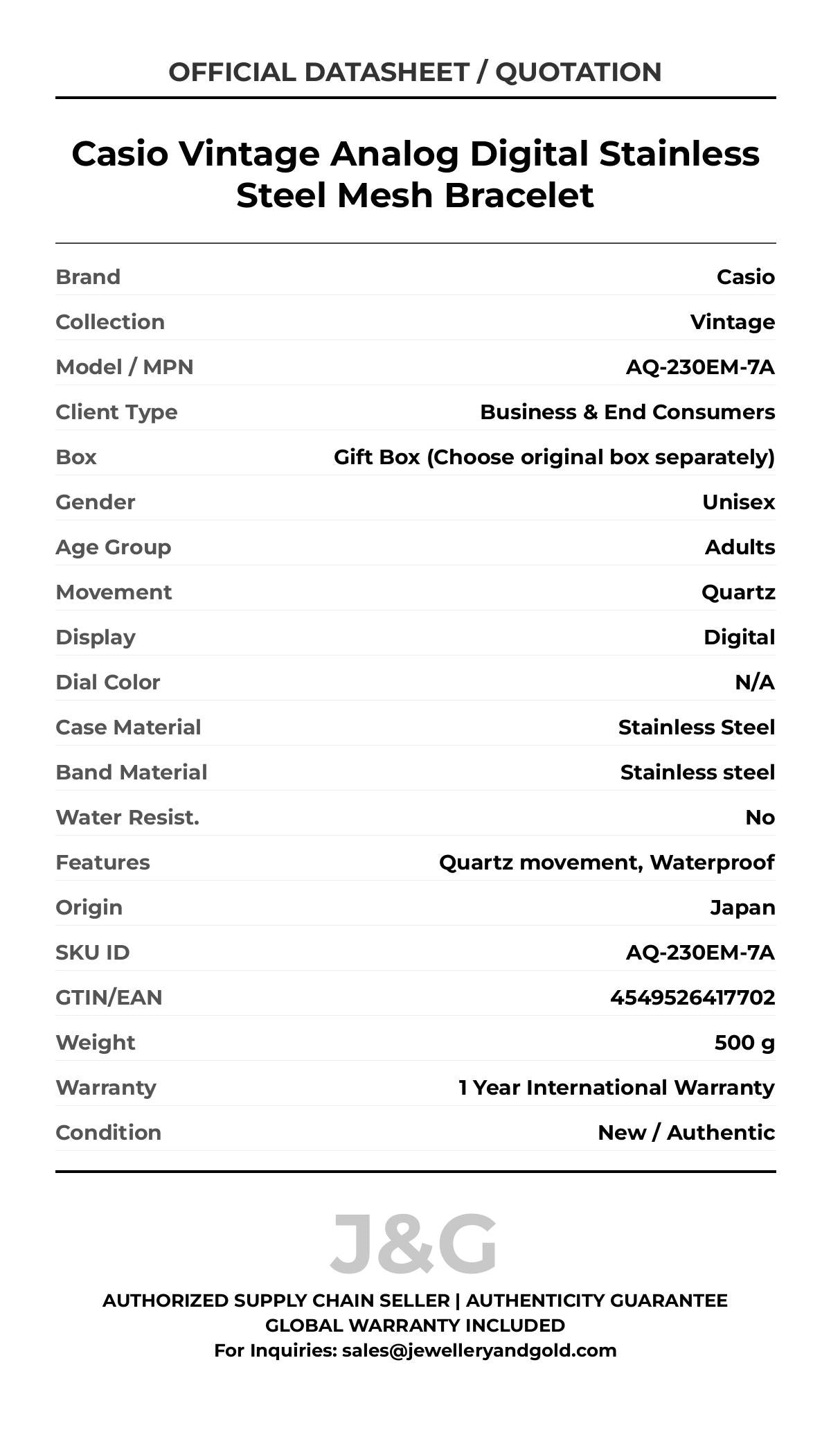 Casio Vintage Analog Digital Stainless Steel Mesh Bracelet. A brand-new Casio Vintage watch featuring a N/A dial and a Stainless steel strap. Side view. - DS_FINAL