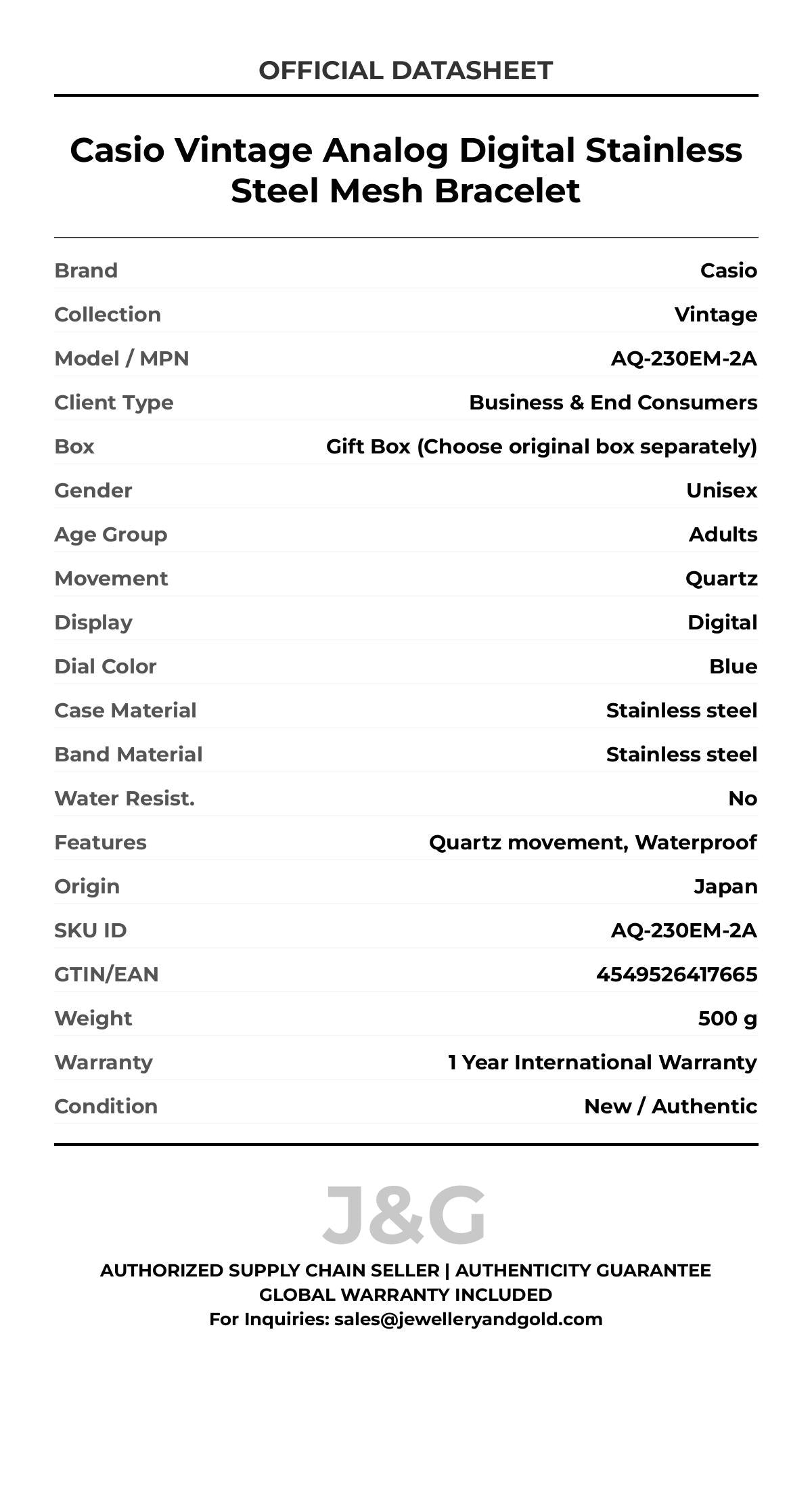 Casio Vintage Analog Digital Stainless Steel Mesh Bracelet. A brand-new Casio Vintage watch featuring a Blue dial and a Stainless steel strap. Front view. - DS_FINAL