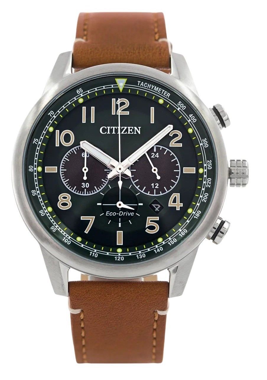 Citizen Eco-Drive Chronograph Leather Strap Green Dial 100M. A brand-new Citizen Eco-Drive watch featuring a Green dial and a Leather strap. Front view.