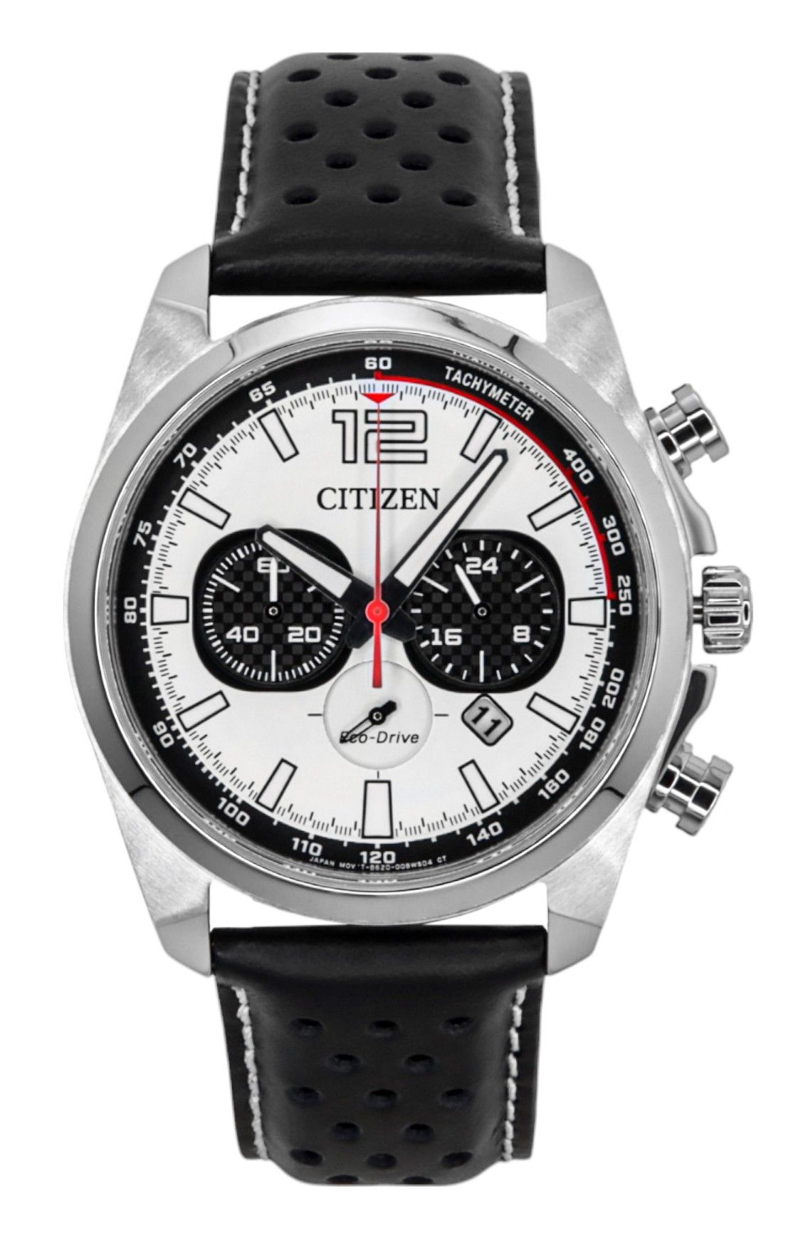 Citizen Eco-Drive Chronograph Leather Strap White Dial 100M. A brand-new Citizen Eco-Drive watch featuring a White dial and a Leather strap. Side view.