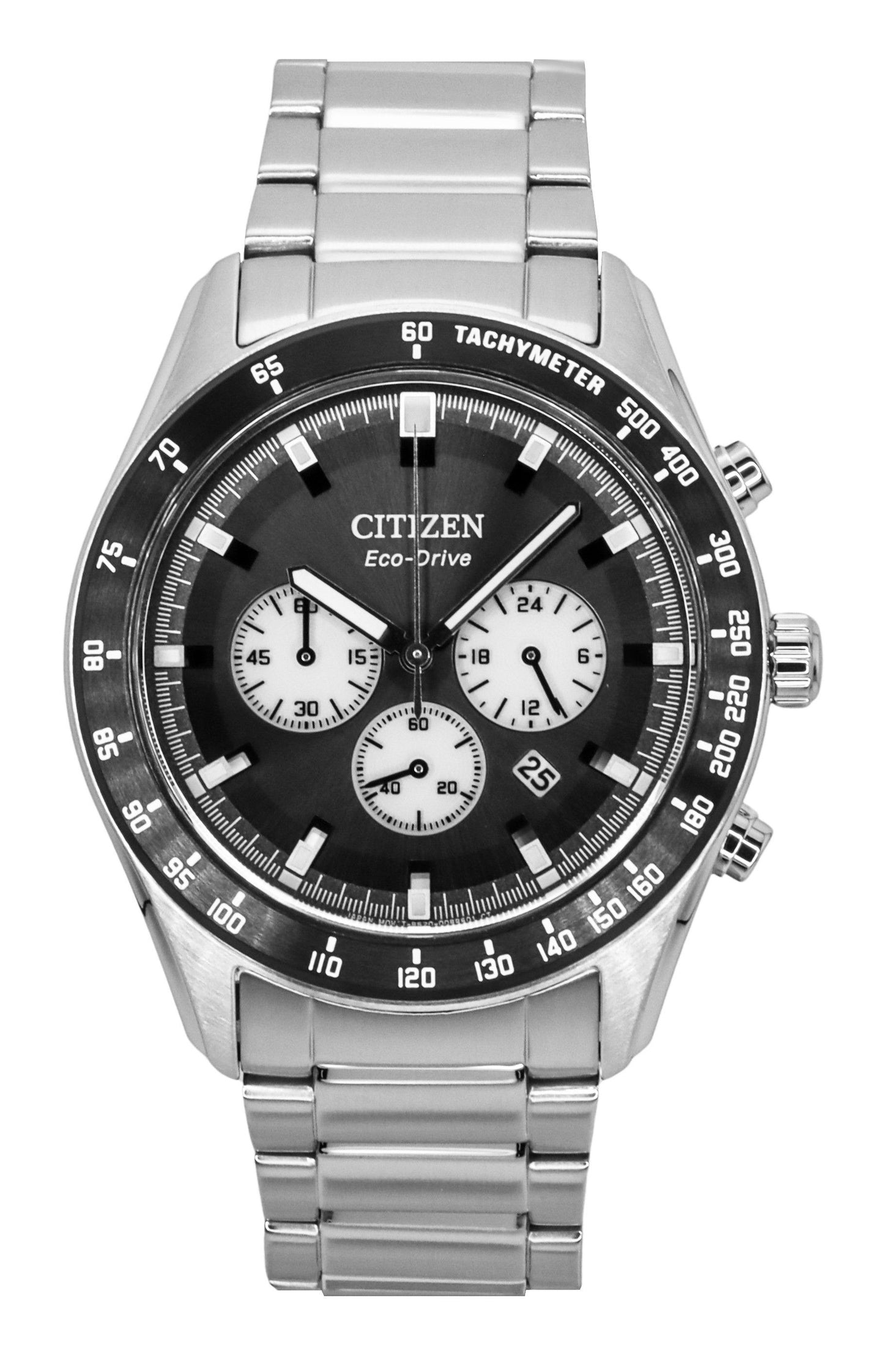 Citizen Eco-Drive Chronograph Stainless Steel Black Dial. A brand-new Citizen Eco-Drive watch featuring a Black dial and a Stainless steel strap. Front view.
