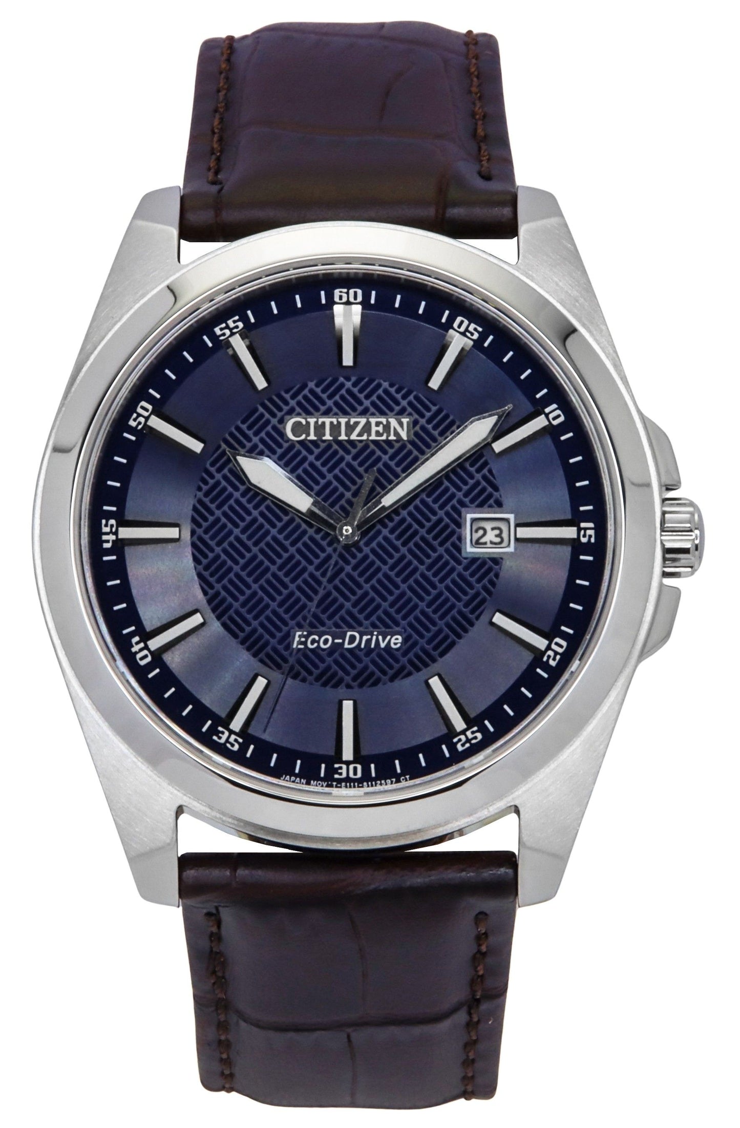 Citizen Eco-Drive Leather Strap Blue Dial 100M. A brand-new Citizen Eco-Drive watch featuring a Blue dial and a Leather strap. Angled view.