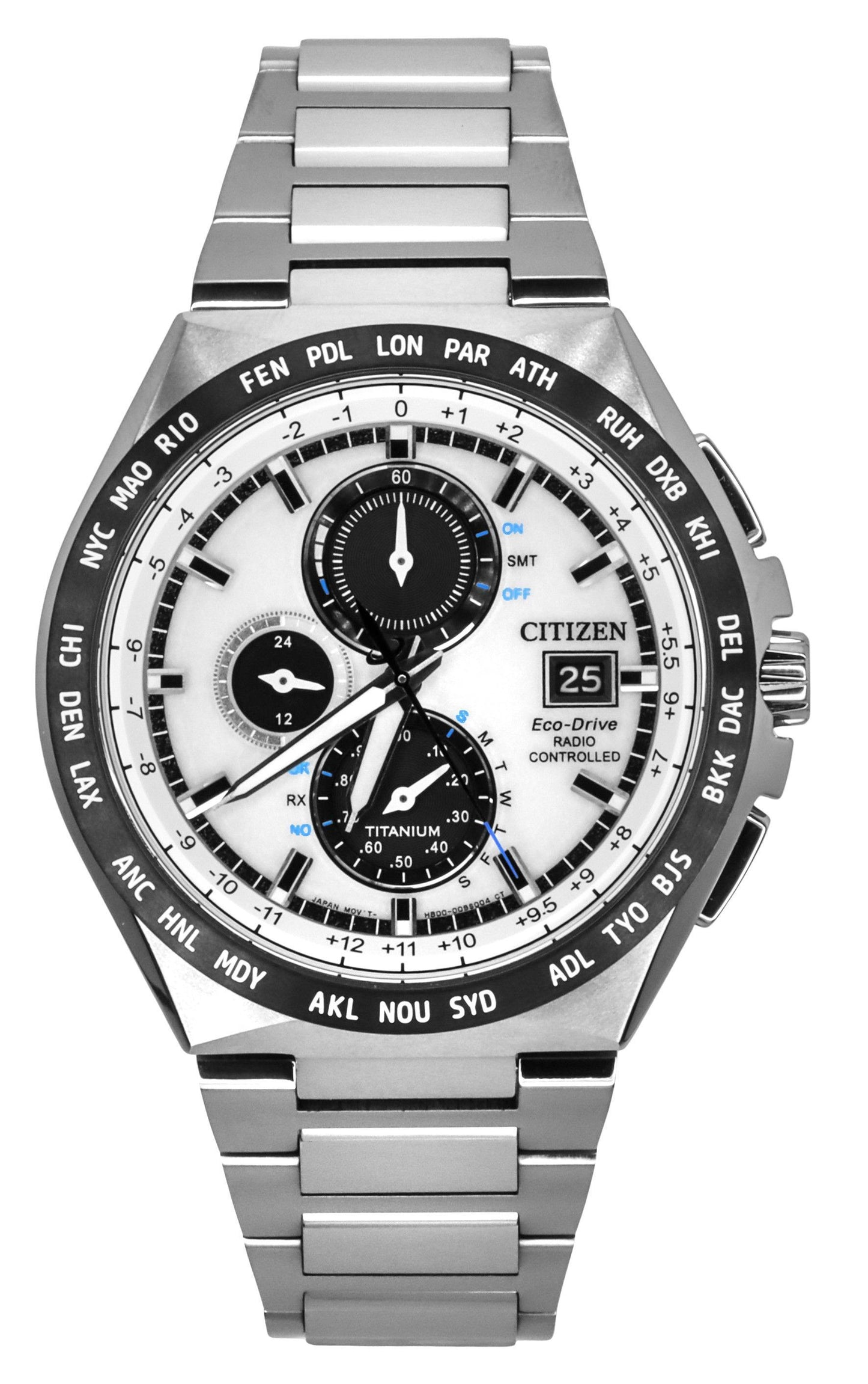 Citizen Eco-Drive Radio Controlled GMT Chronograph Super. A brand-new Citizen Eco-Drive watch featuring a Silver dial and a Titanium strap. Front view.