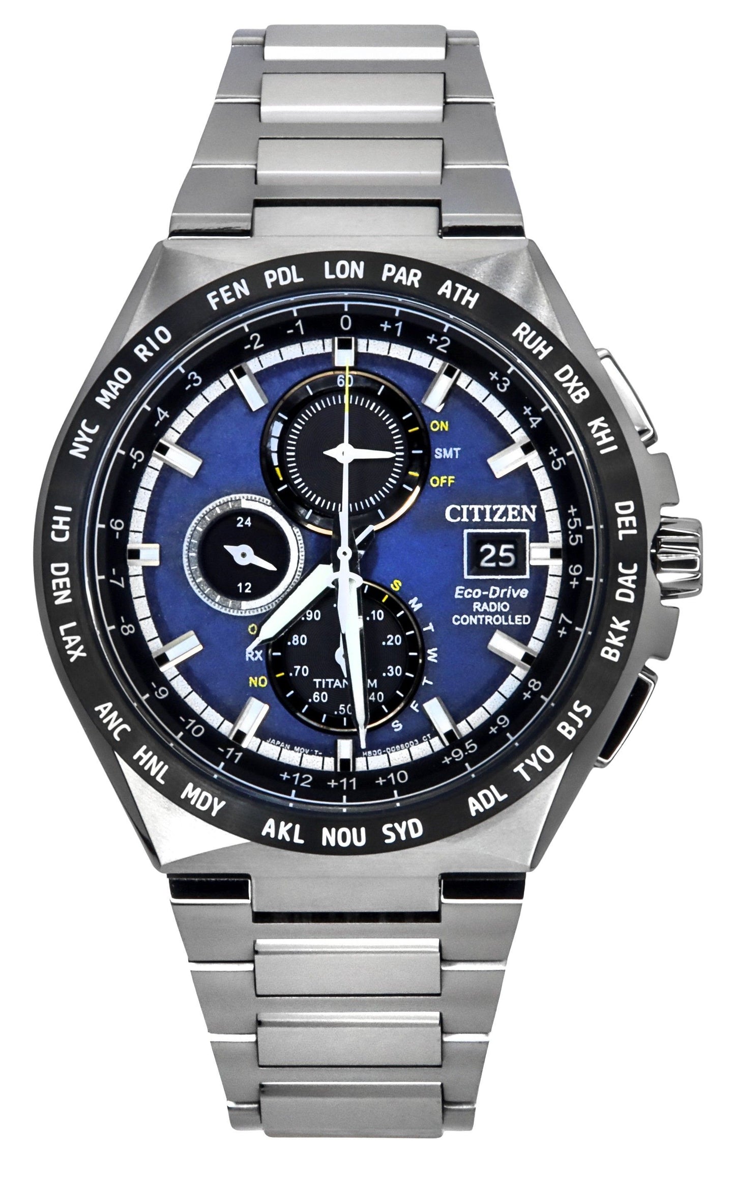 Citizen Eco-Drive Radio Controlled GMT Chronograph Super. A brand-new Citizen Eco-Drive watch featuring a Blue dial and a Titanium strap. Angled view.