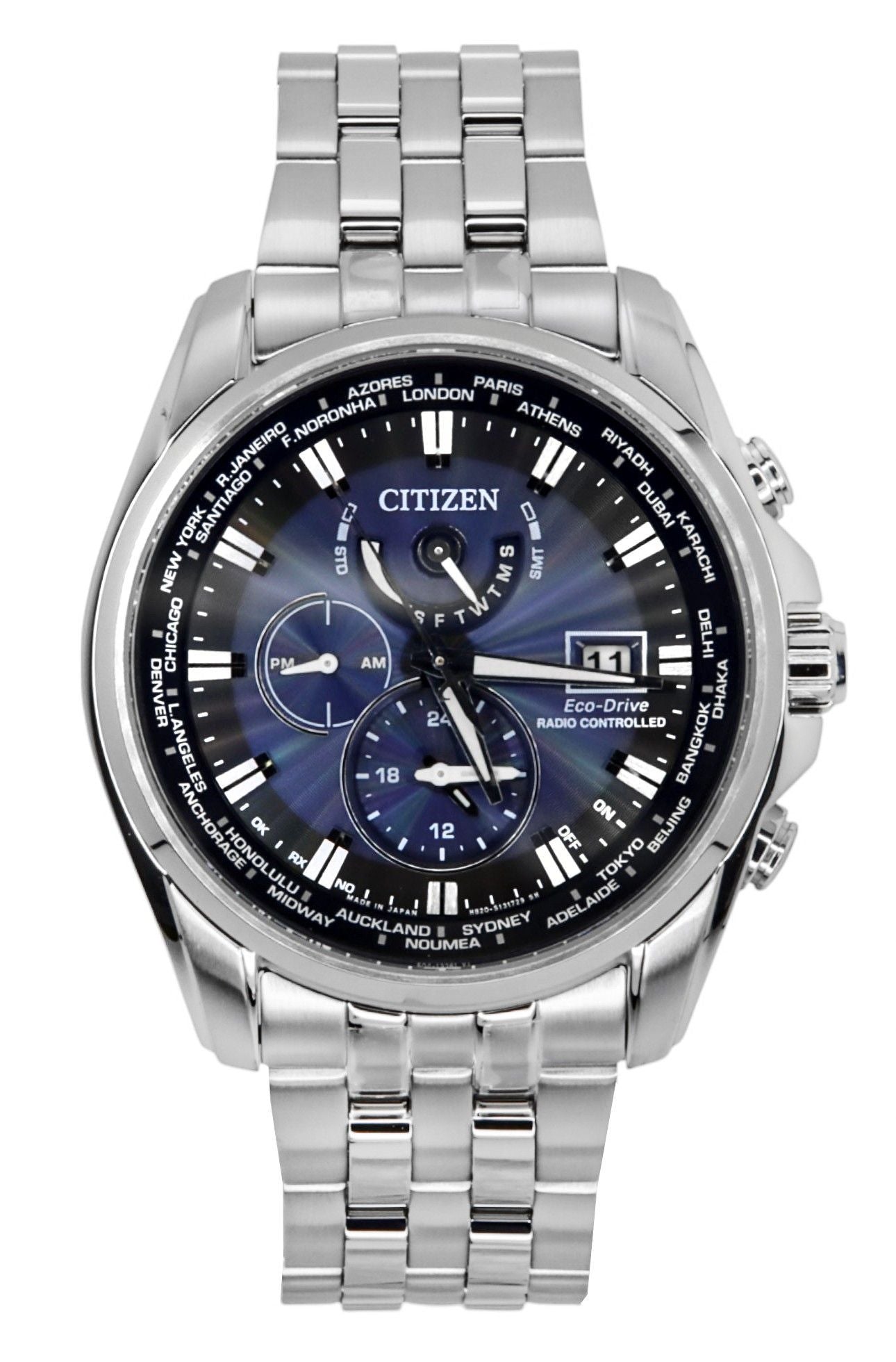 Citizen Eco-Drive Radio-Controlled Stainless Steel Blue. A brand-new Citizen Eco-Drive watch featuring a Blue dial and a Stainless steel strap. Front view.