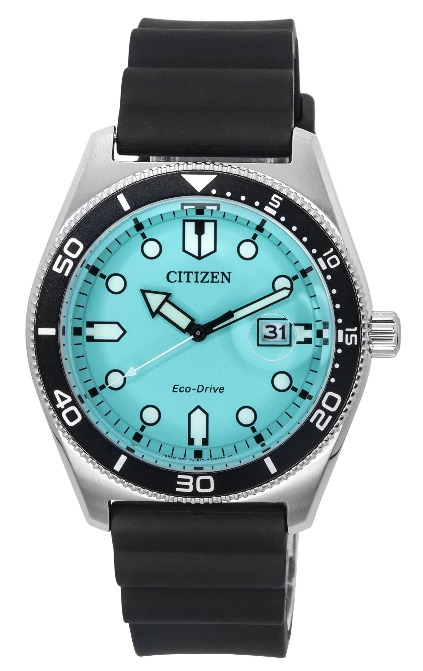 Citizen Eco-Drive Rubber Strap Turquoise Dial 100M. A brand-new Citizen Eco-Drive watch featuring a Turquoise dial and a Rubber strap. Angled view.