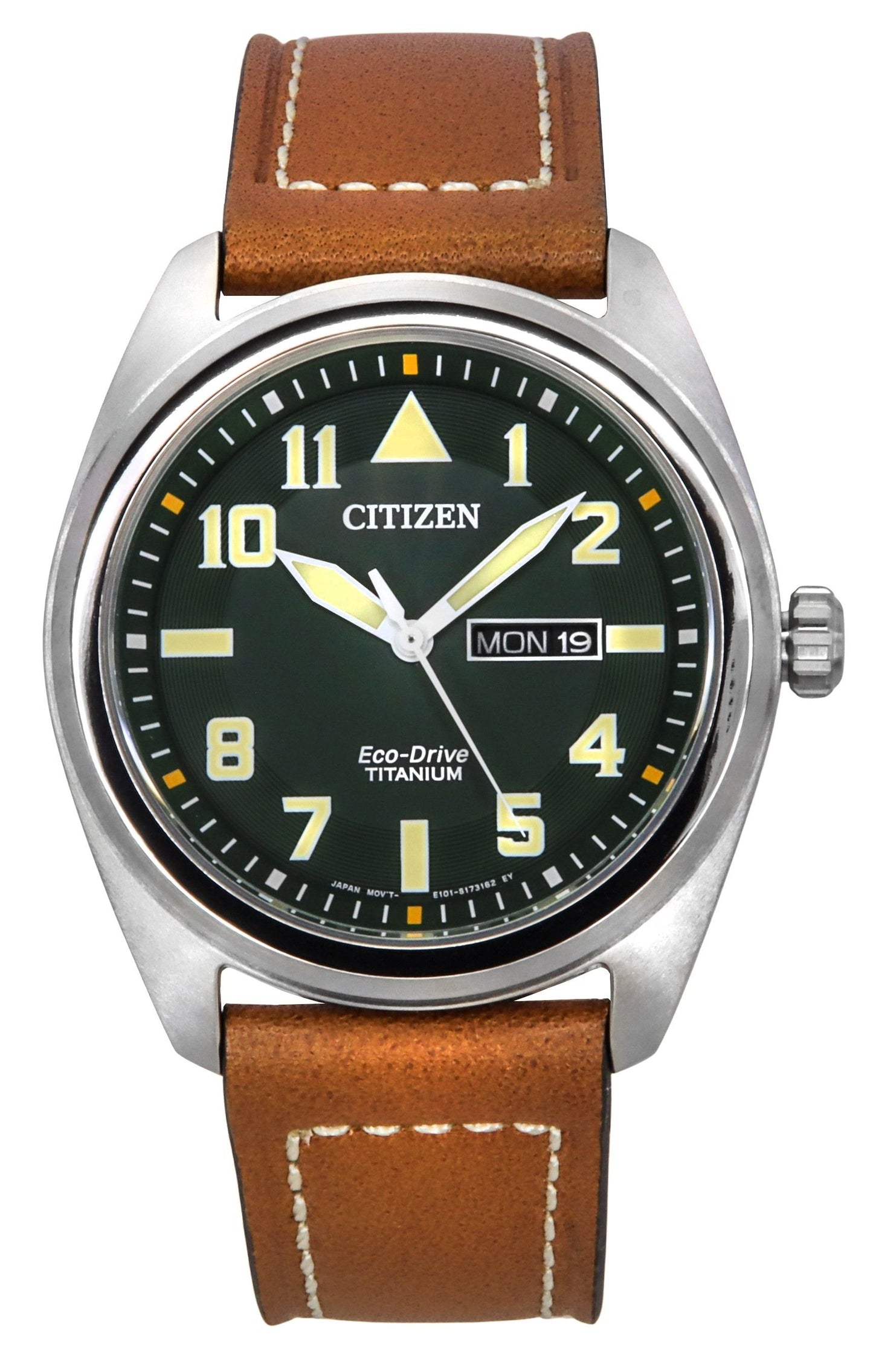 Citizen Eco-Drive Super Titanium Leather Strap Green Dial. A brand-new Citizen Eco-Drive watch featuring a Green dial and a Leather strap. Side view.