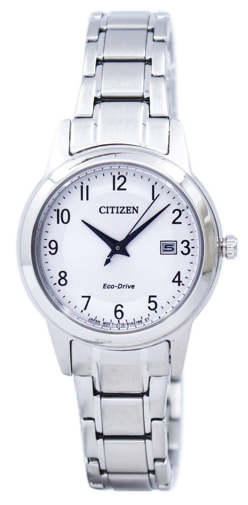 Citizen Eco-Drive Wo Stainless Steel Water Resistant. A brand-new Citizen Eco-Drive watch featuring a Stainless steel strap. Front view.