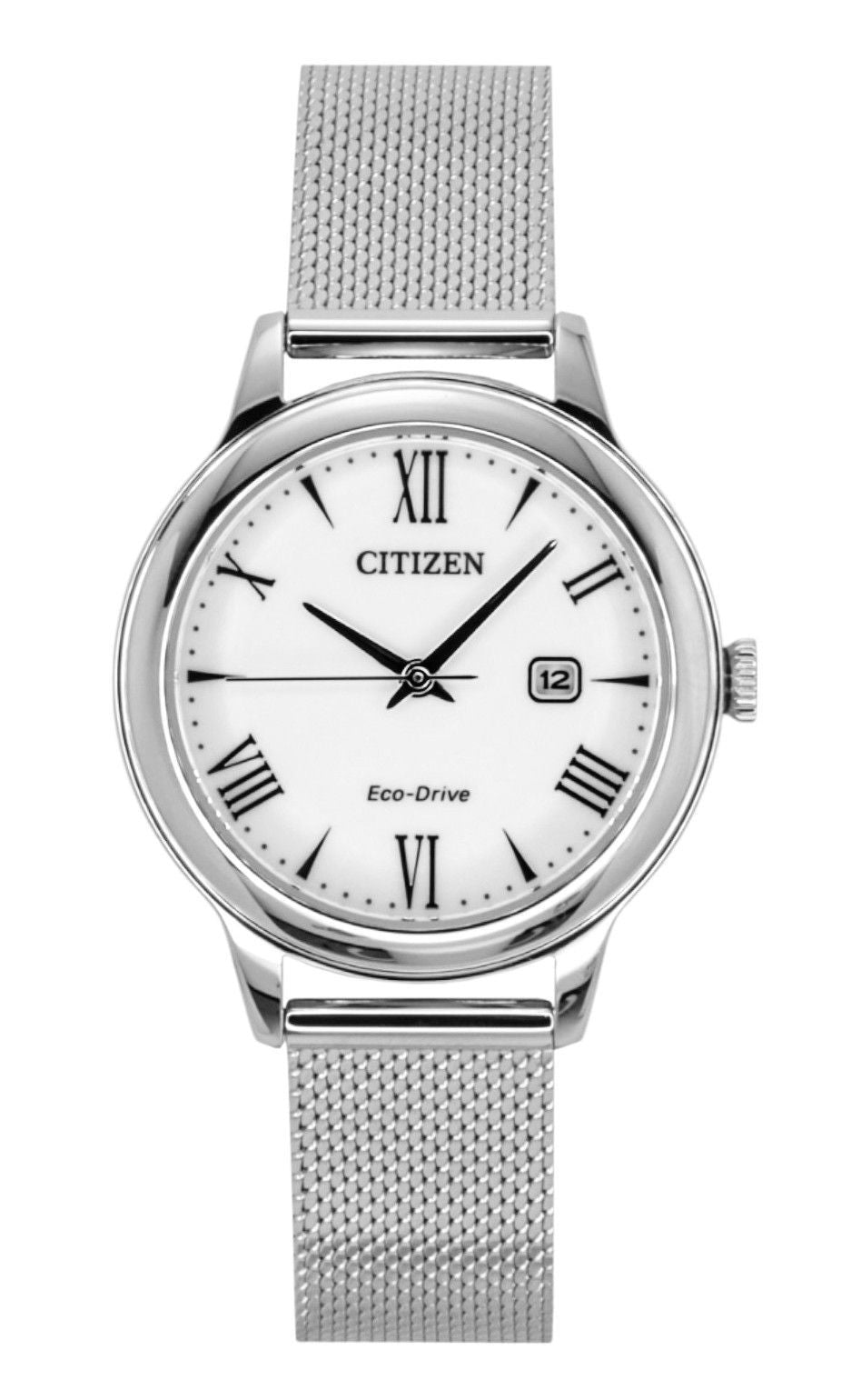 Citizen Elegance Stainless Steel White Dial Eco-Drive 100M. A brand-new Citizen Eco-Drive watch featuring a White dial and a Stainless steel strap. Front view.