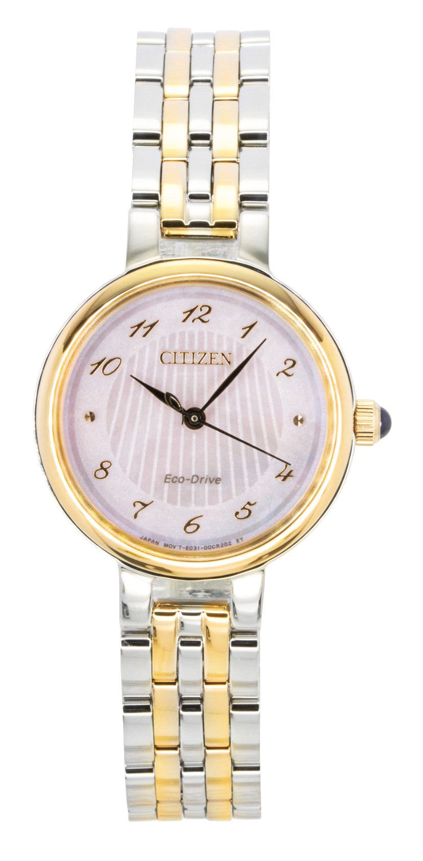 Citizen L Classic Two Tone Stainless Steel Mother Of Pearl. A brand-new Citizen Eco-Drive watch featuring a Mother Of Pearl dial and a Stainless steel strap. Side view.