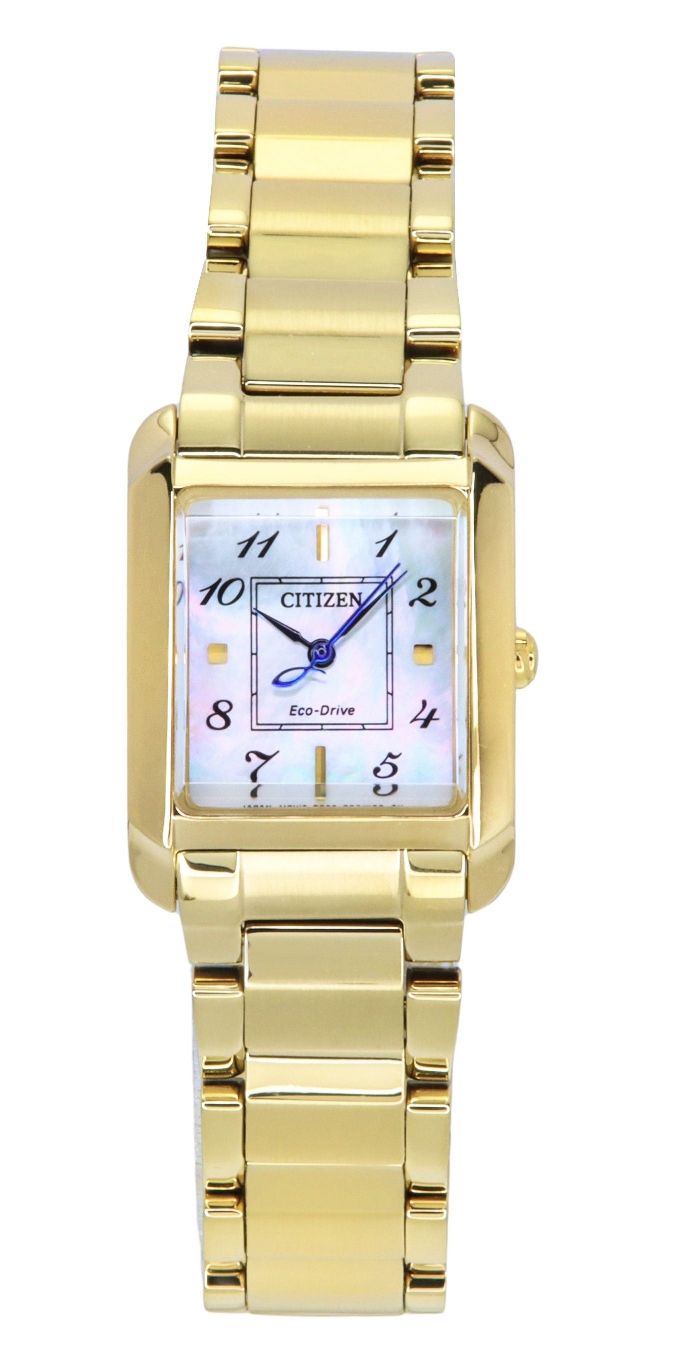 Citizen L Gold Tone Stainless Steel Mother Of Pearl Dial. A brand-new Citizen Eco-Drive watch featuring a Mother Of Pearl dial and a Stainless steel strap. Angled view.