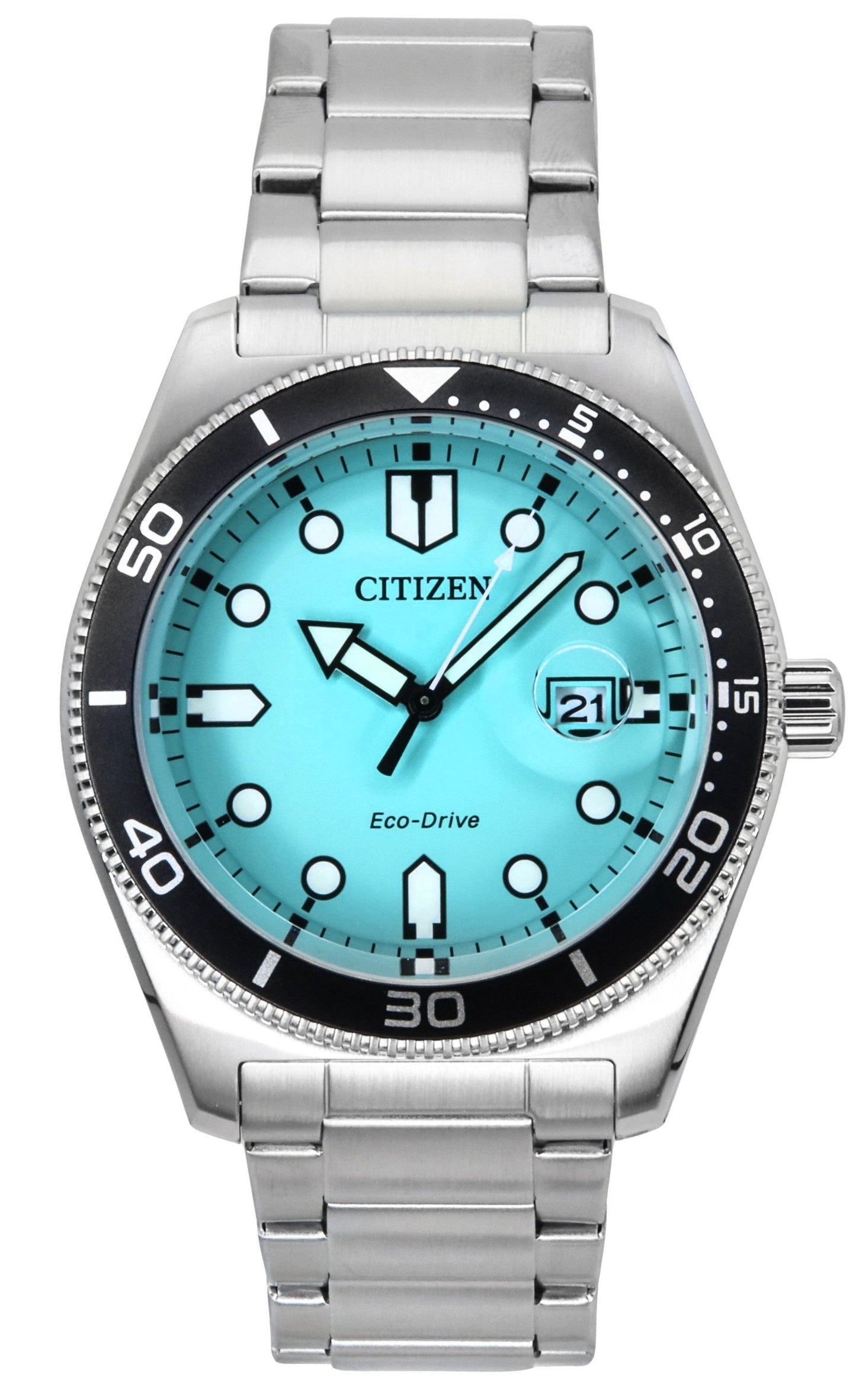 Citizen Marine Stainless Steel Turquoise Dial Eco-Drive 100M. A brand-new Citizen Eco-Drive watch featuring a Turquoise dial and a Stainless steel strap. Side view.