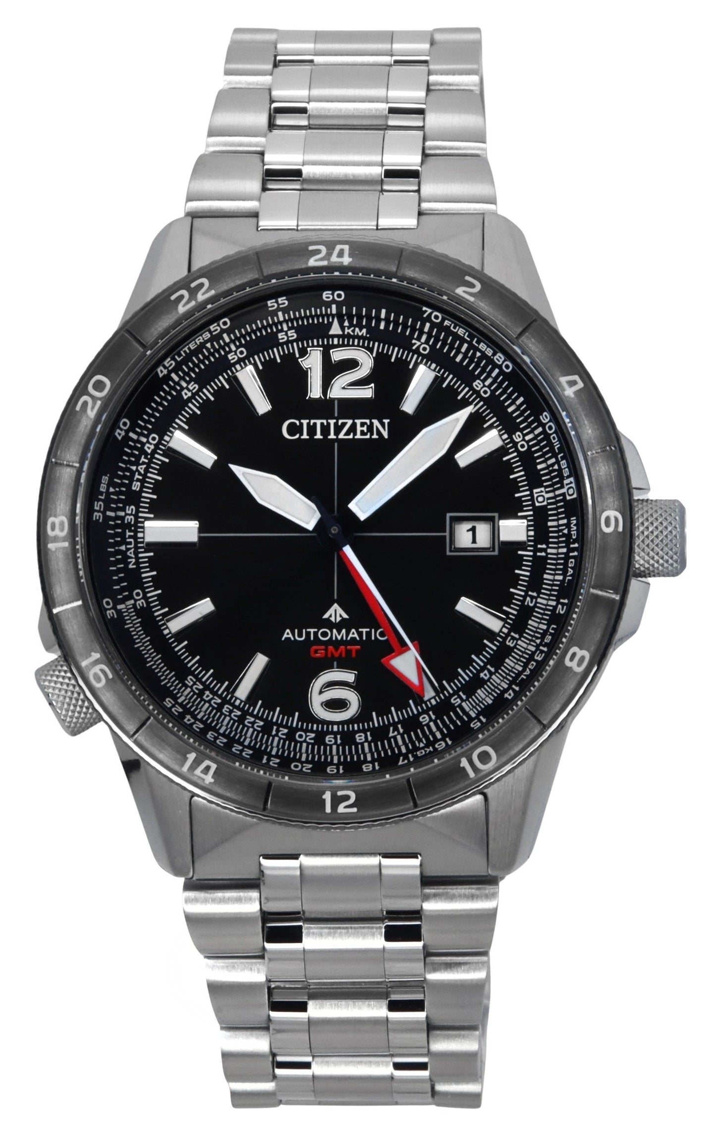 Citizen Promaster Air GMT Stainless Steel Black Dial. A brand-new Citizen Promaster watch featuring a Black dial and a Stainless steel strap. Front view.