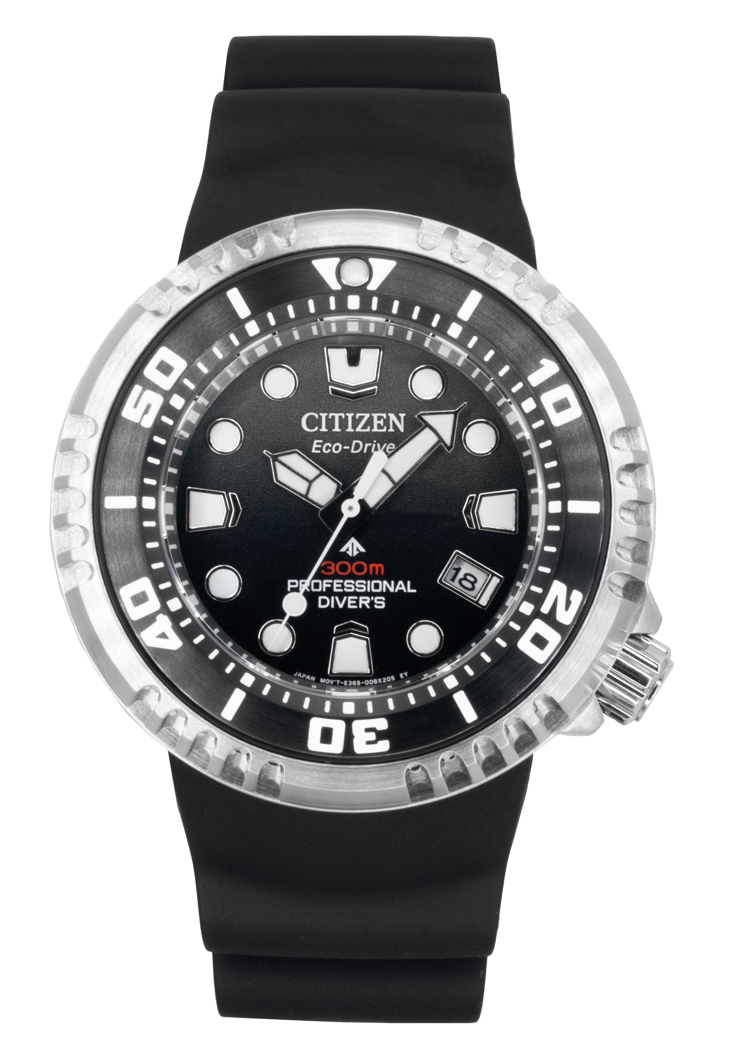 Citizen Promaster Rubber Strap Black Dial Eco-Drive Diver's. A brand-new Citizen Promaster watch featuring a Black dial and a Rubber strap. Side view.