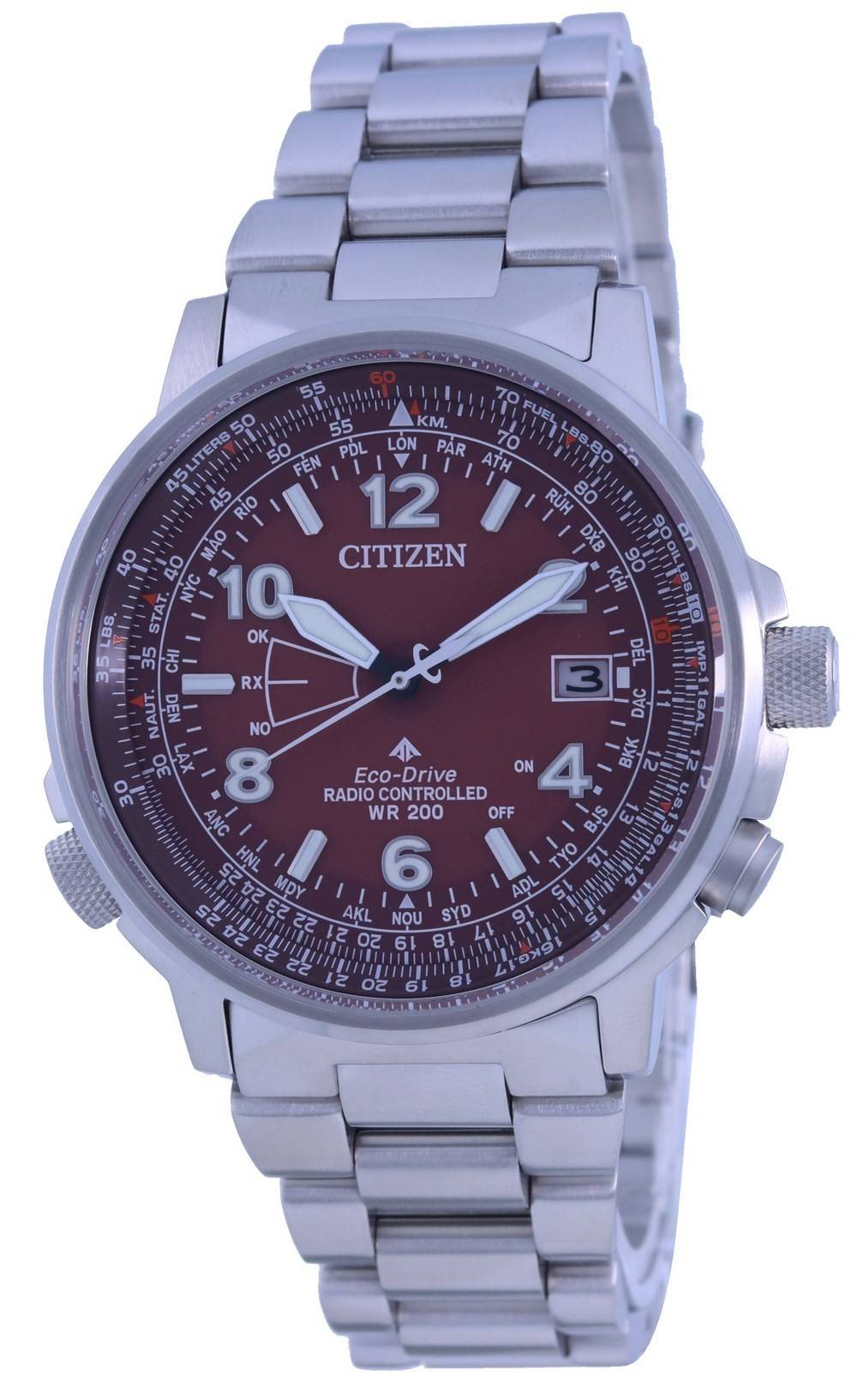 Citizen Promaster Sky Radio-Controlled Eco-Drive 200M. A brand-new Citizen Promaster watch featuring a Stainless steel strap. Front view.