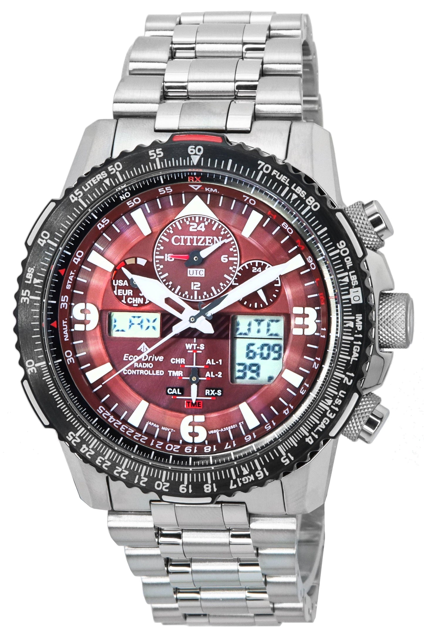 Citizen Promaster Skyhawk Perpetual Calendar Red Dial. A brand-new Citizen Promaster watch featuring a Red dial and a Stainless steel strap. Side view.