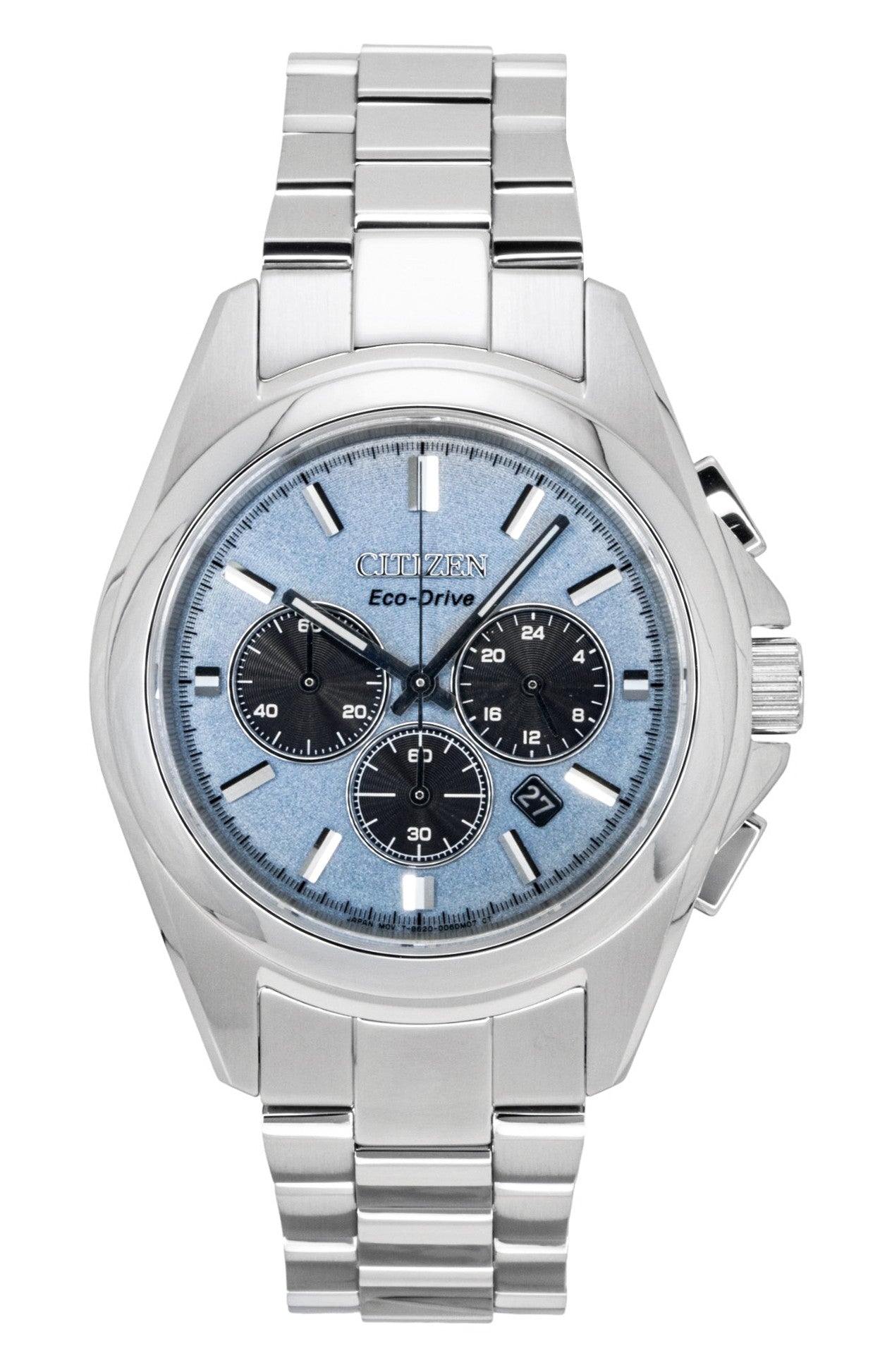 Citizen Sport Luxury Chronograph Stainless Steel Light Blue. A brand-new Citizen Eco-Drive watch featuring a Blue dial and a Stainless steel strap. Angled view.