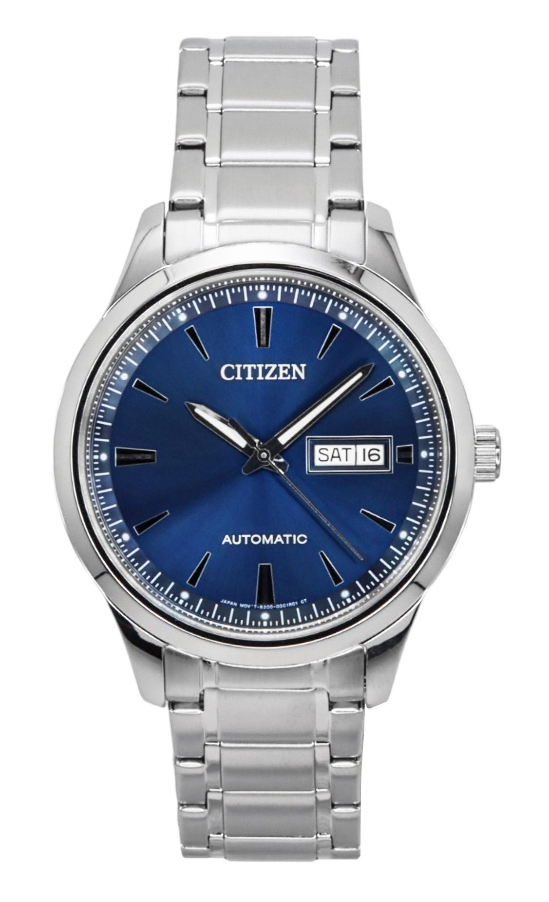 Citizen Stainless Steel Blue Dial Automatic Water Resistant. A brand-new Citizen watch featuring a Blue dial and a Stainless steel strap. Front view.