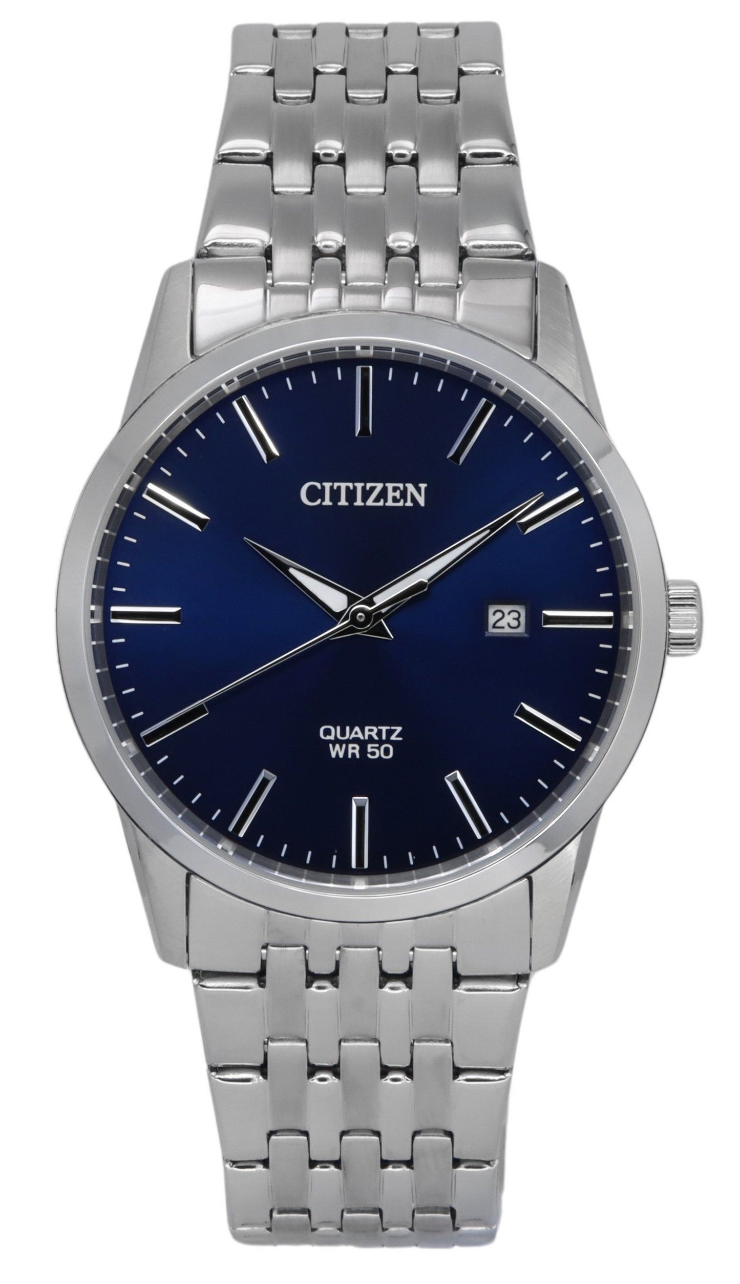 Citizen Stainless Steel Bracelet Midnight Blue Dial Quartz. A brand-new Citizen watch featuring a Blue dial and a Stainless steel strap. Front view.
