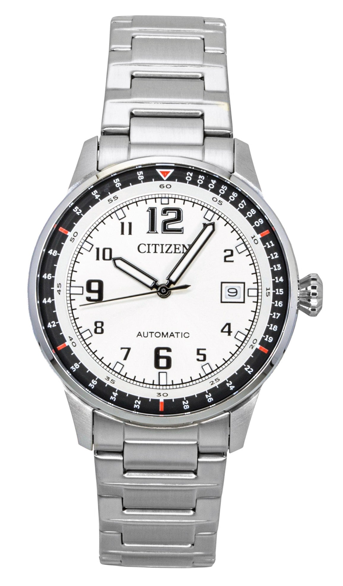 Citizen Stainless Steel White Dial Automatic 100M. A brand-new Citizen watch featuring a White dial and a Stainless steel strap. Side view.