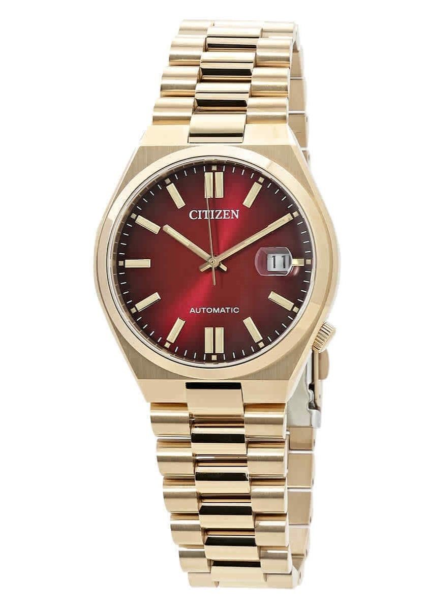 Citizen Tsuyosa Gold Tone Stainless Steel Wine Red Dial. A brand-new Citizen Tsuyosa watch featuring a Red dial and a Stainless steel strap. Front view.